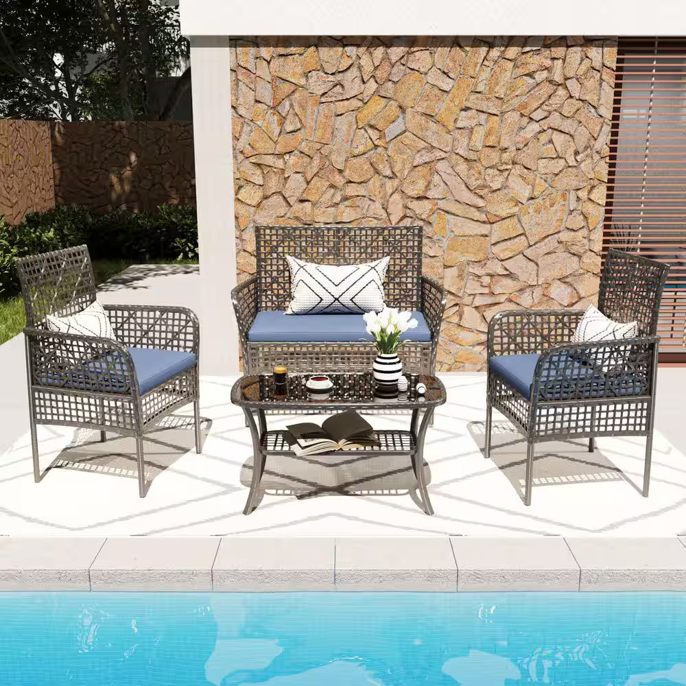 4-Pieces Wicker Outdoor Patio Sectional Set, Garden Conversation Chairs with Blu
