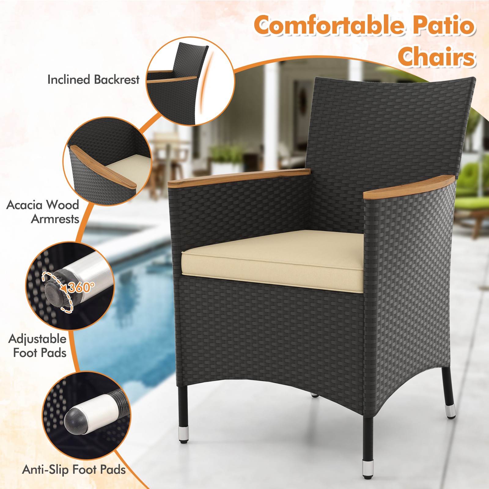Patio 5 PCS Dining Table Set for 4 Rattan Conversation Set with Umbrella Hole