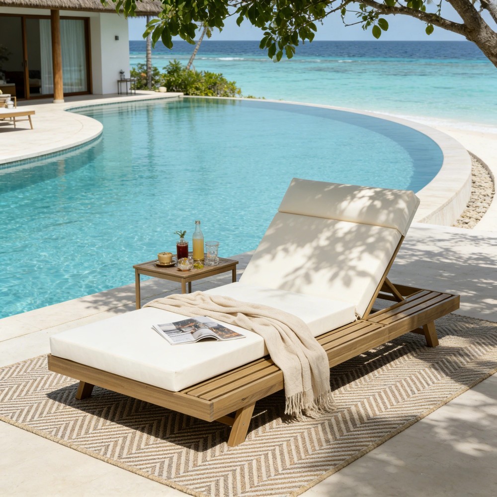 Outdoor Chaise Lounge Adjustable Headrest Water-Resistant Cushion Acacia Wood