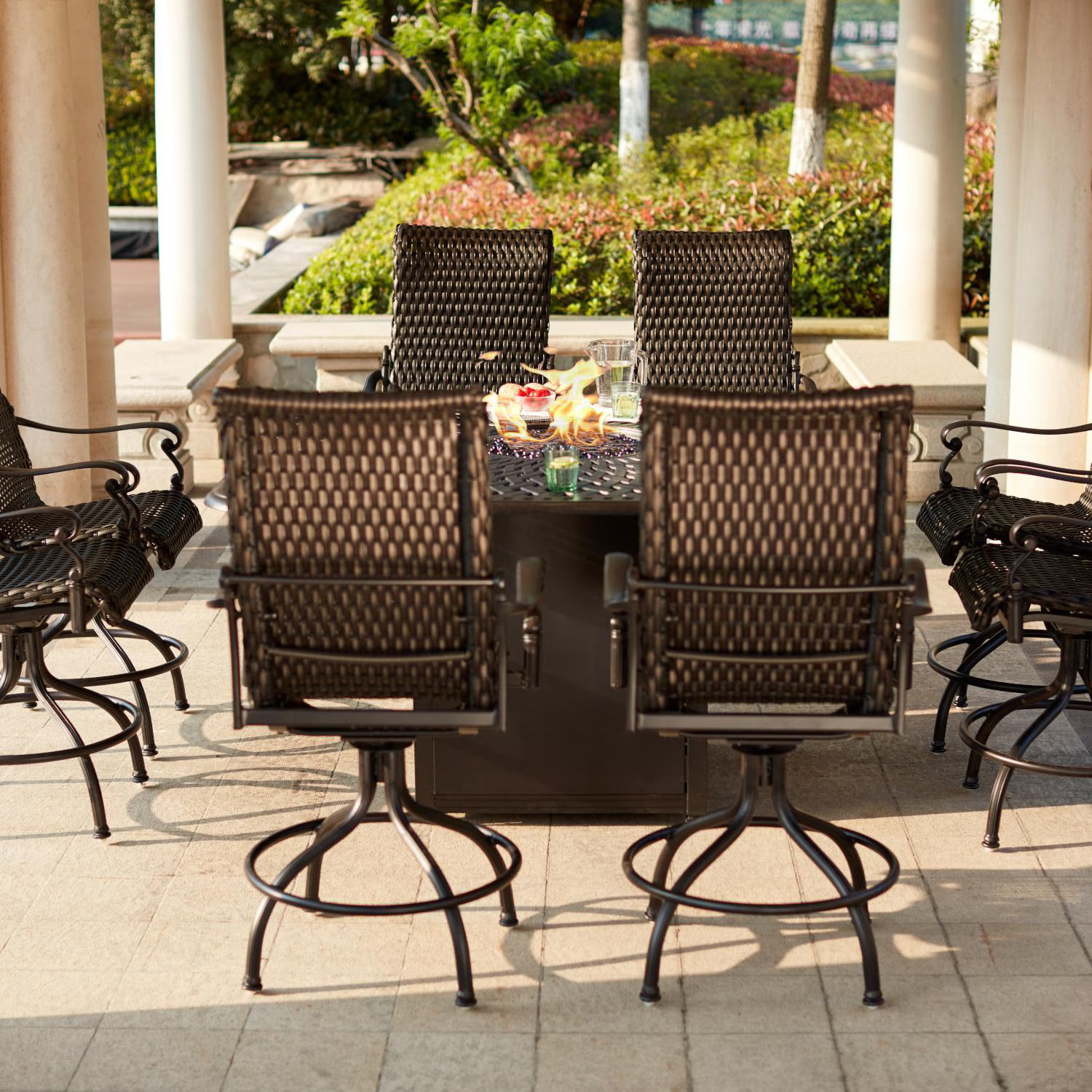 Victoria 9 Pc Resin Wicker Counter Height Fire Pit Dining Set 64 Inch Square