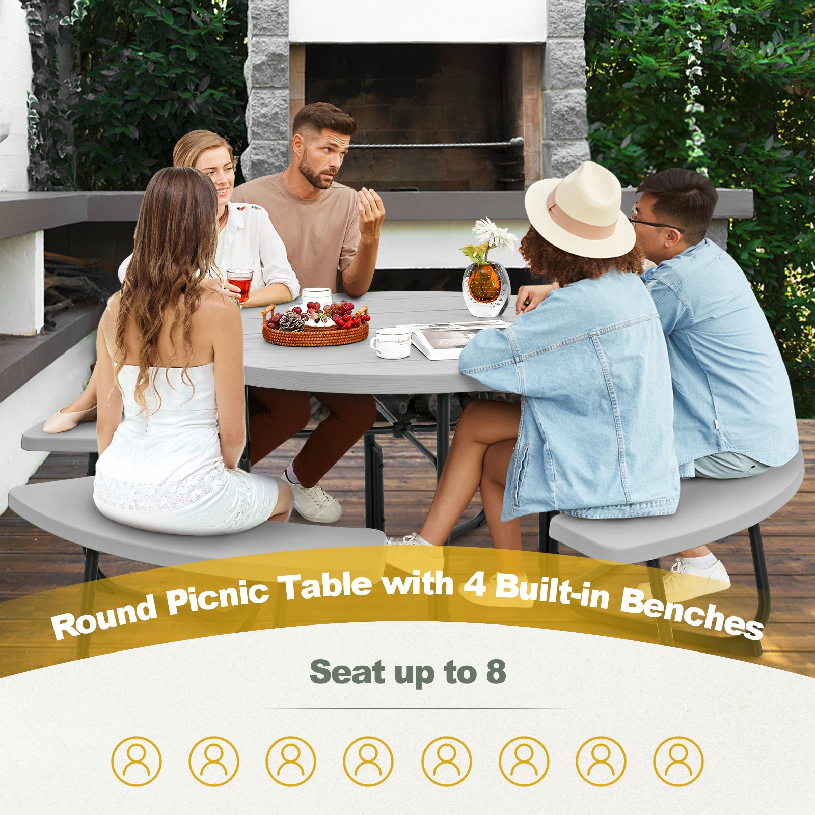 Outdoor 8-person Round Picnic Table Bench Set w/ Umbrella Hole & 4 Benches Grey