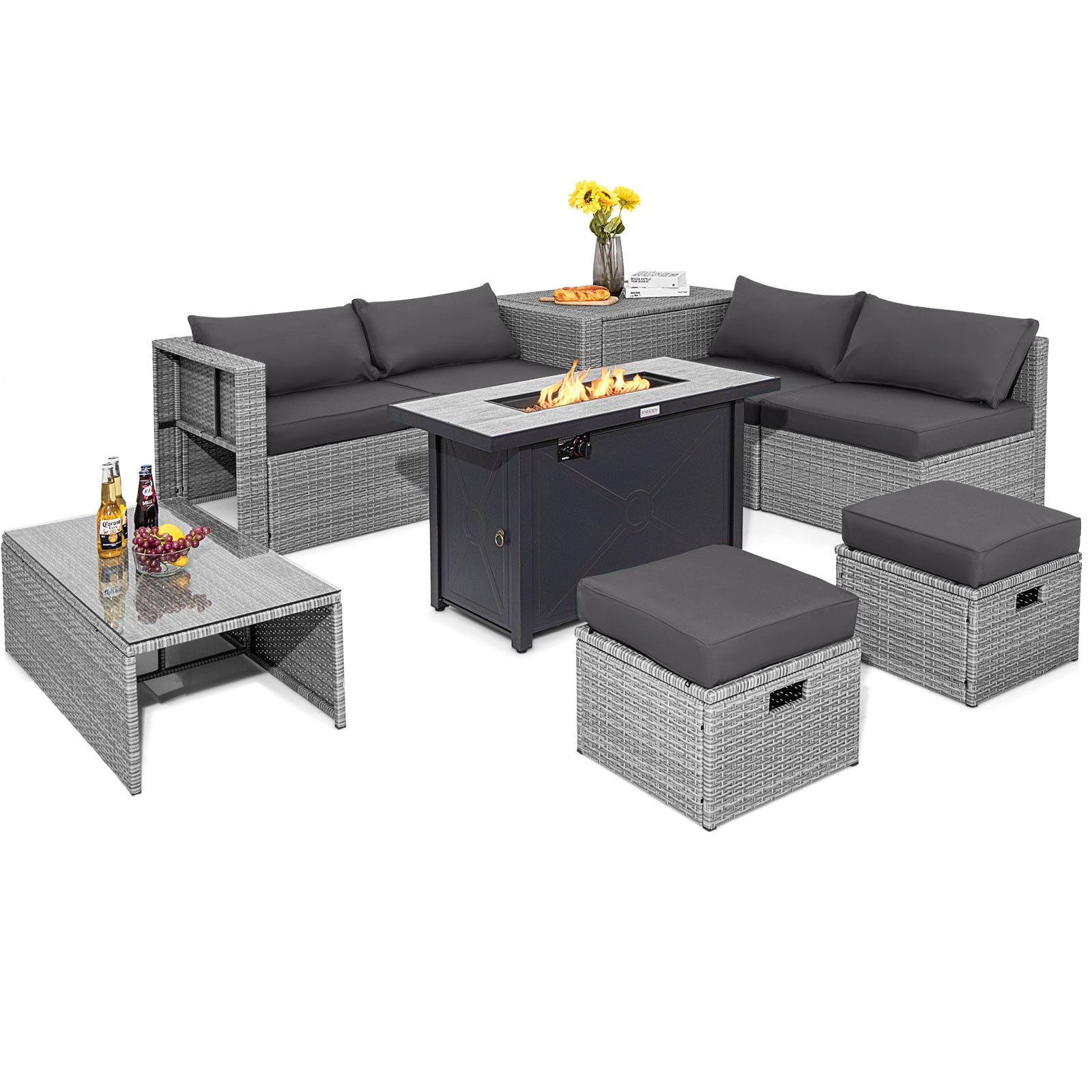 Patio 9 PCS Rattan Furniture Set 42″ Fire Pit Table Cover Storage Box Gray