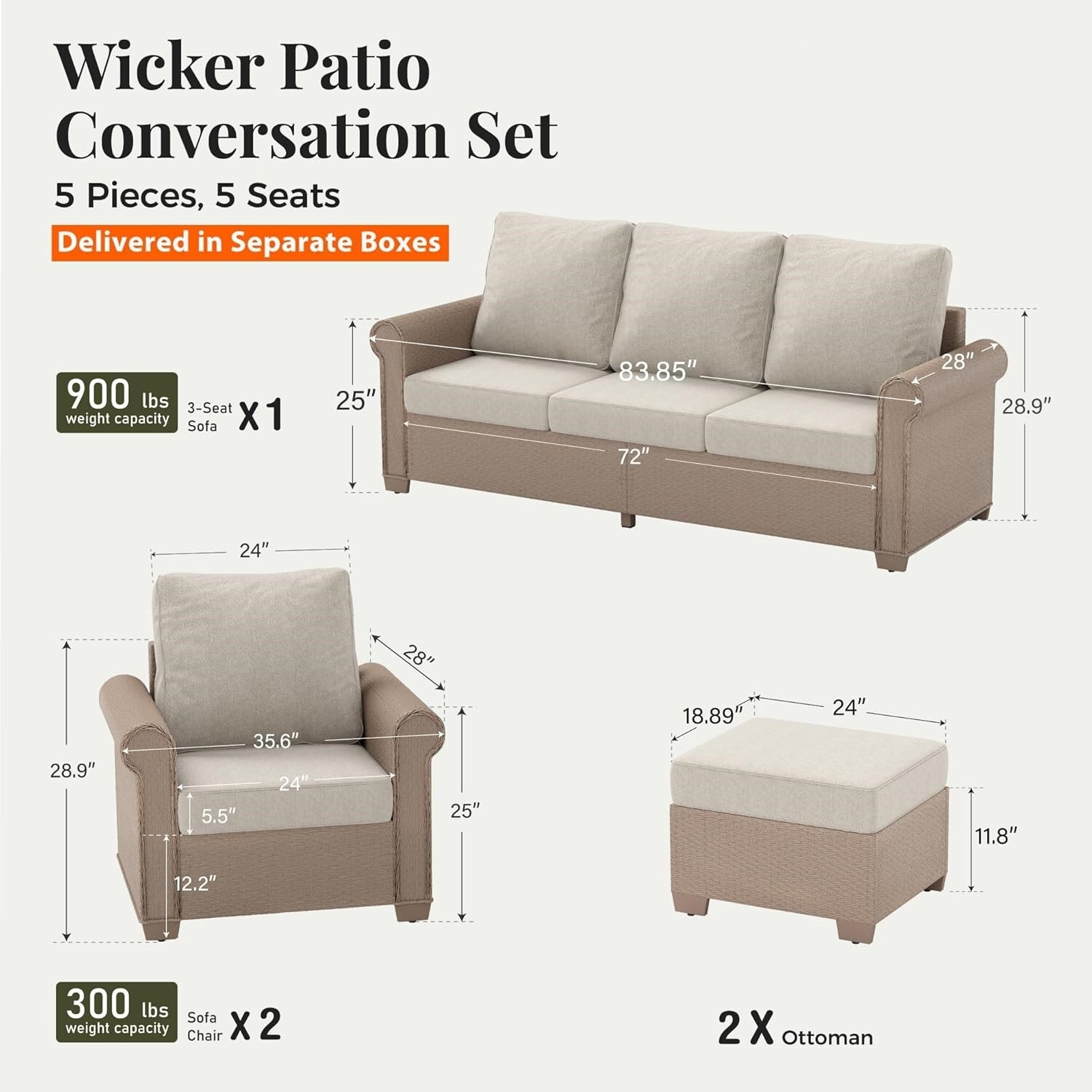 5 Piece Patio Wicker Rattan Conversation Set Outdoor Furniture Set with Cushions