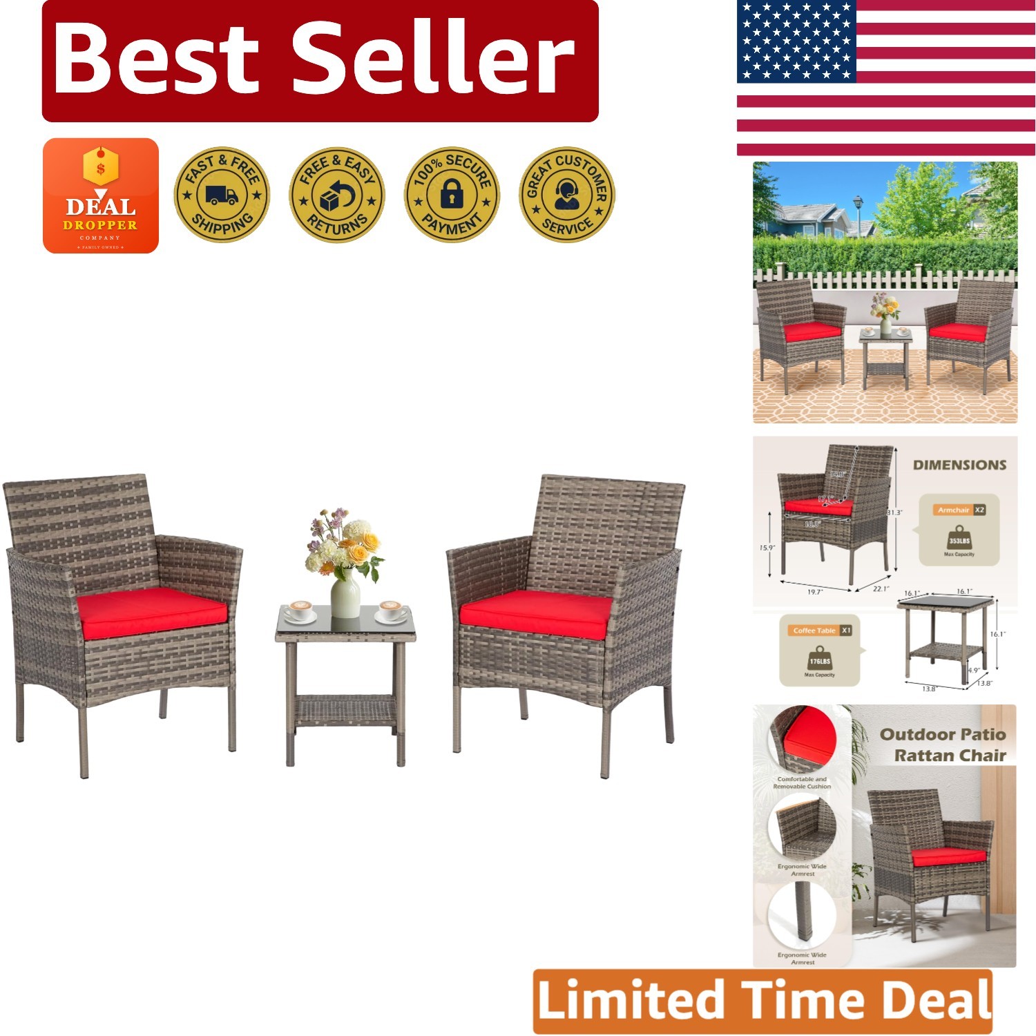 Compact Patio Bistro Set – Modern Wicker Chairs & Glass Table with Easy Assembly