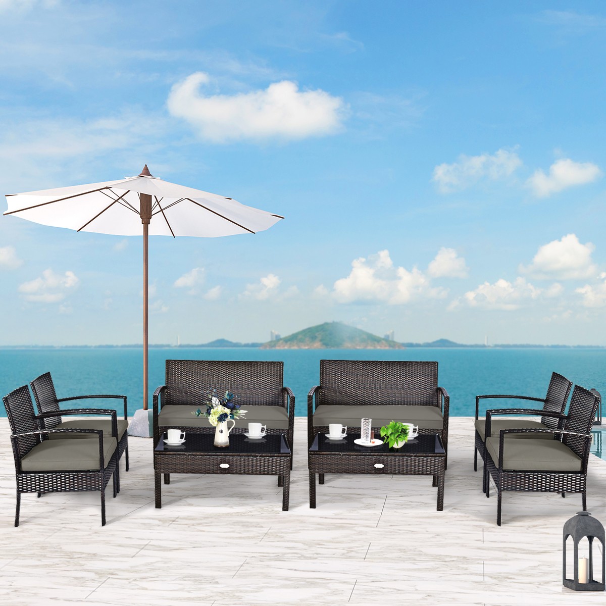 8PCS Outdoor Patio Rattan Furniture Set Cushioned Sofa Coffee Table Steel Frame