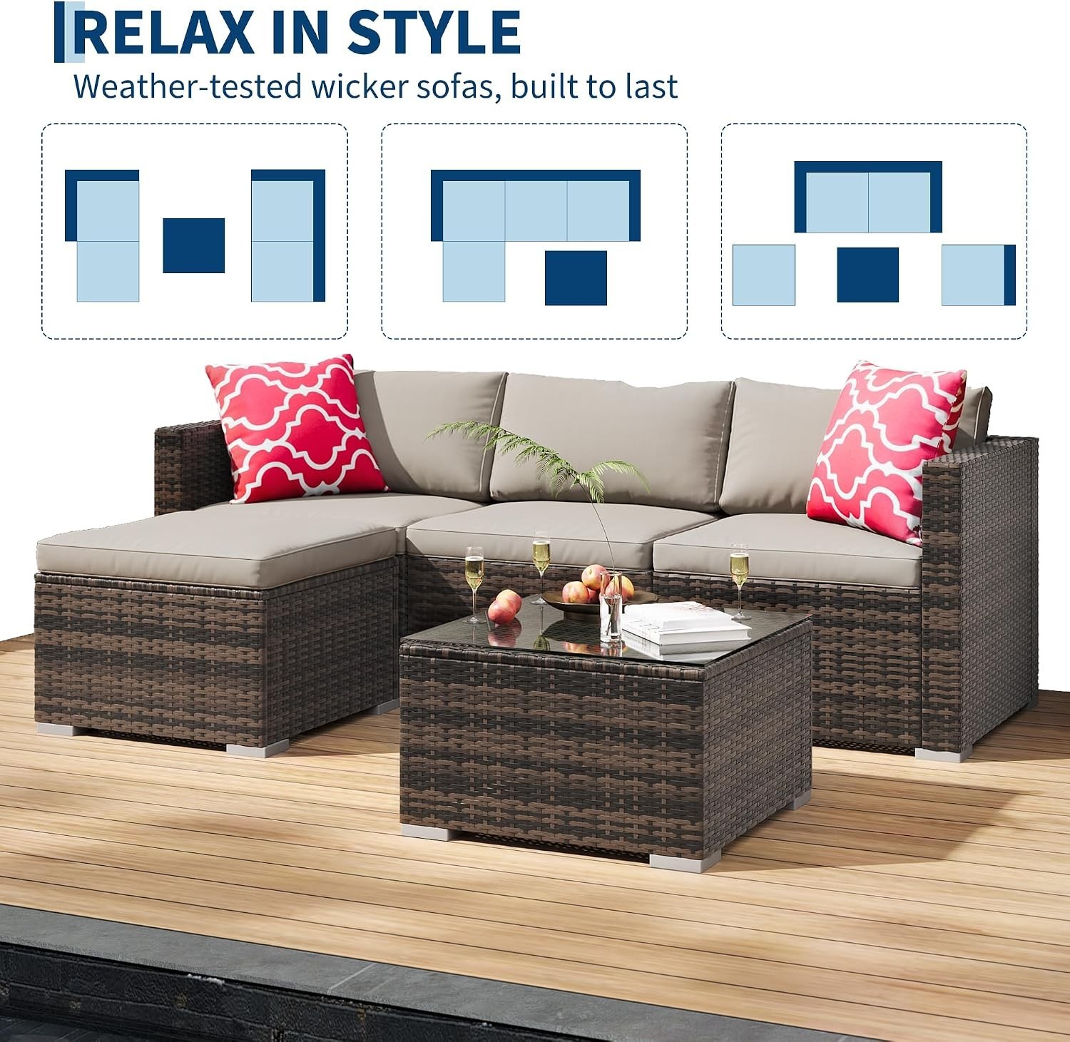5pcs Outdoor Patio Sectional Sofa Set PE Rattan l-Shaped Conversation Furniture