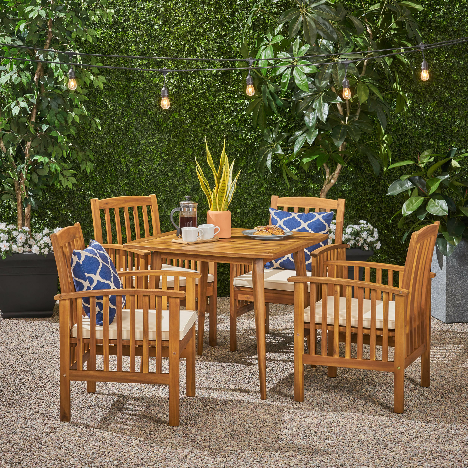 Phoenix Outdoor Acacia 4-Seater Dining Set with Cushions and 36″ Square Table wi