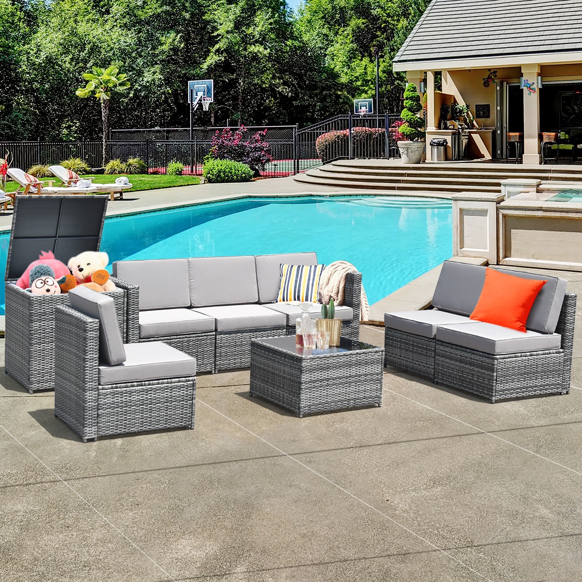 8 PCS Wicker Sofa Rattan Dinning Set Patio Furniture w/ Storage Table Outdoor