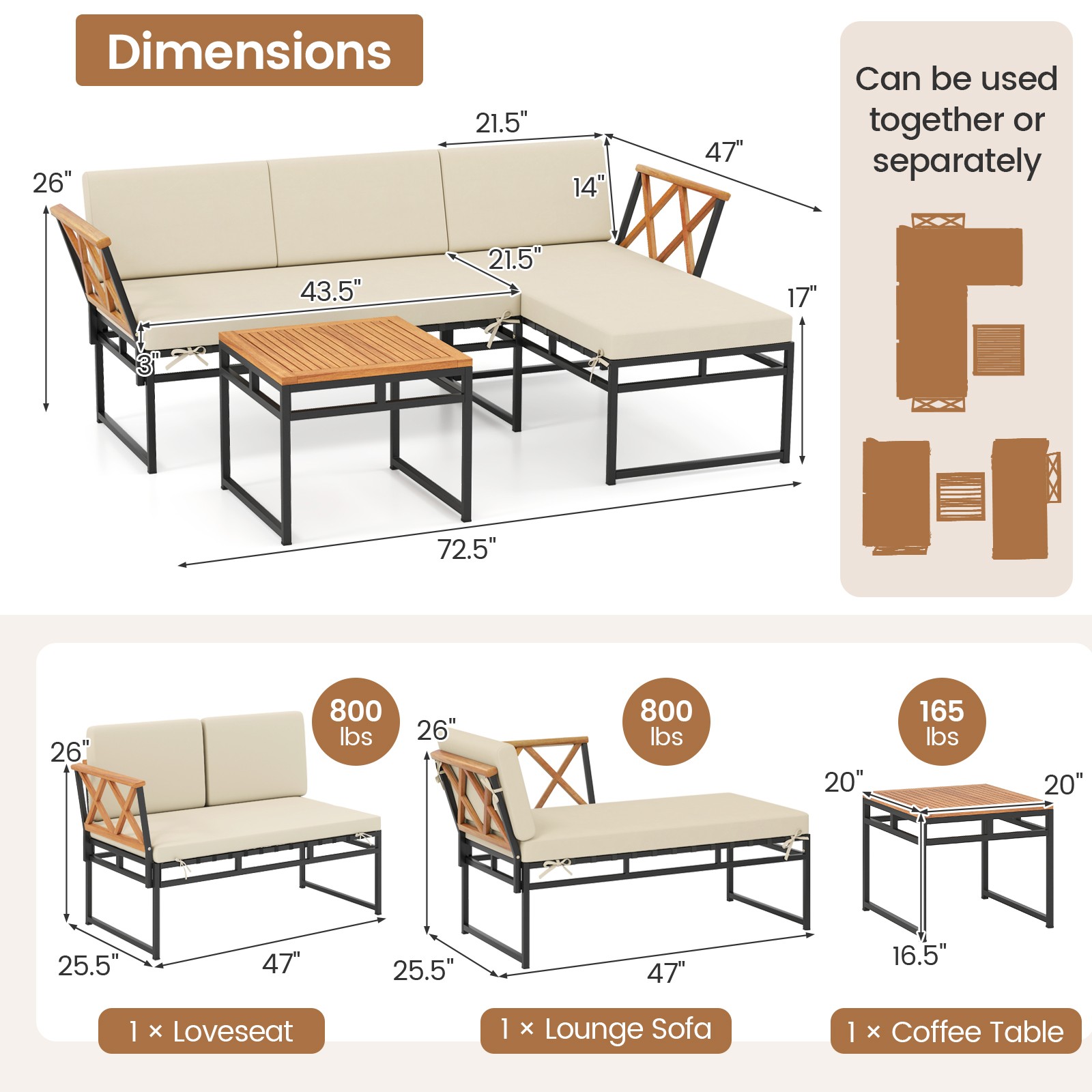 3 PCS L-Shaped Patio Furniture Set w/Loveseat Square Coffee Table Soft Back