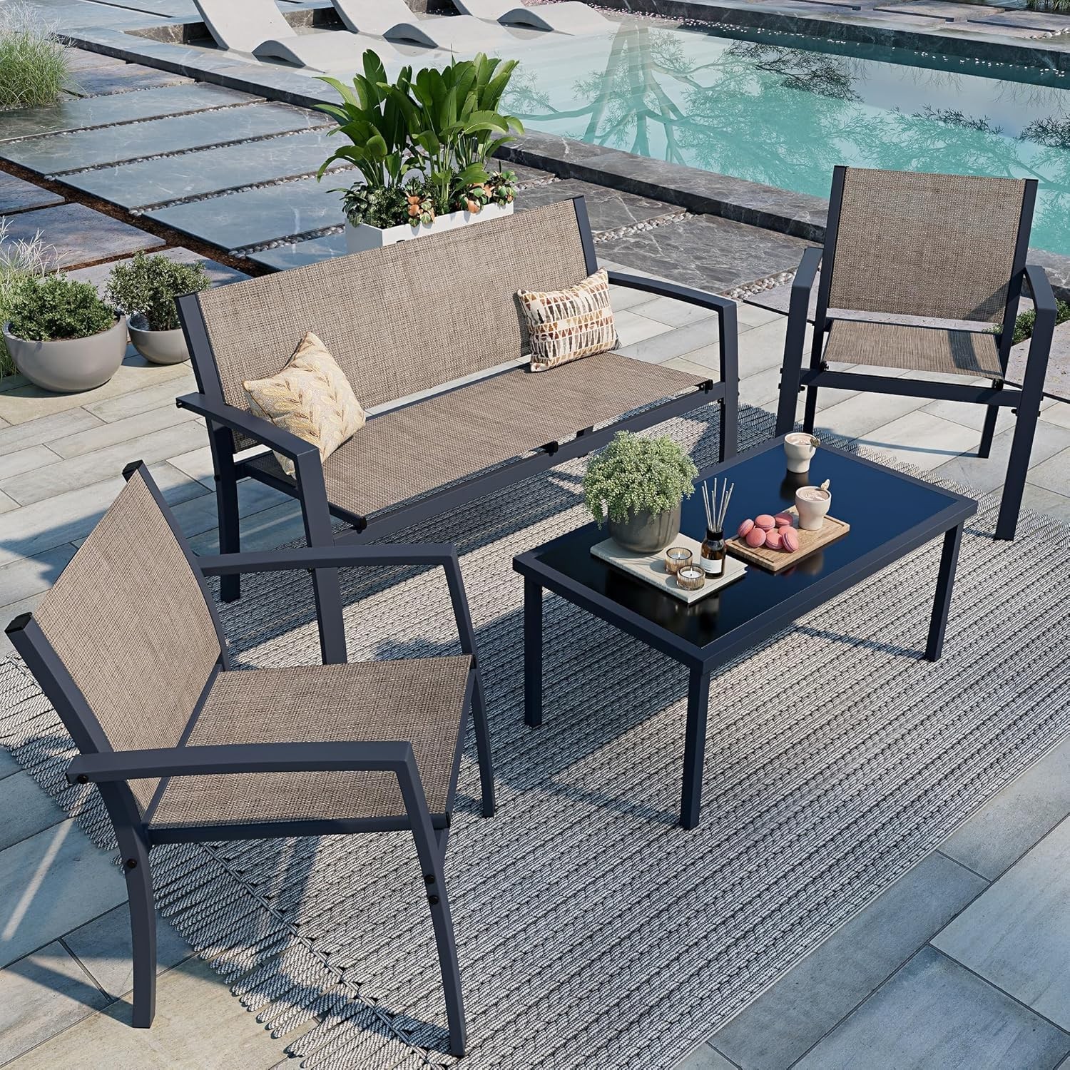 Chic Light Brown Outdoor Conversation Set with Durable Glass Table and Seating