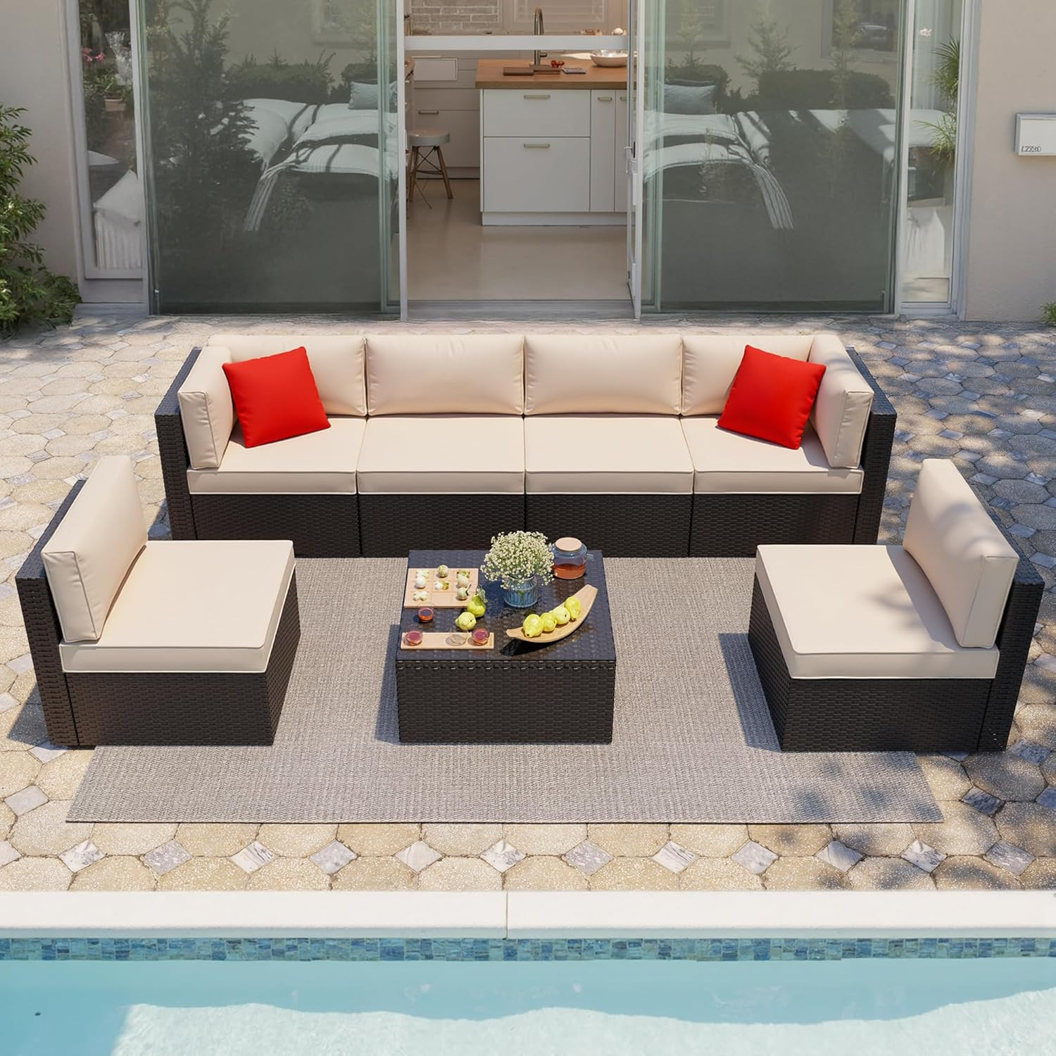 7 Pieces Patio Furniture Sets Outdoor All-Weather Sectional Patio Sofa Set PE Ra