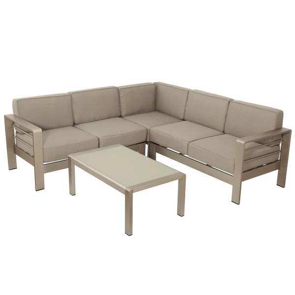 Silver 4-Piece Aluminum Outdoor Sectional Set with Khaki Cushions