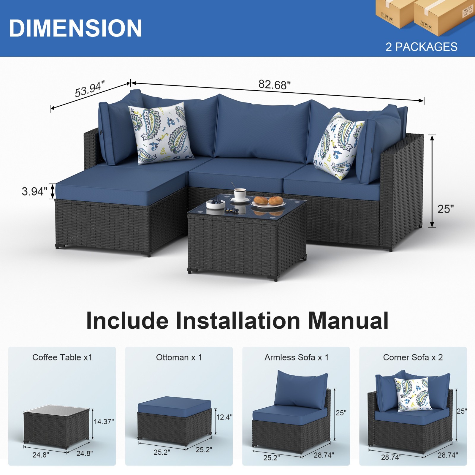 5PCS Patio Furniture Set All Weather Outdoor Sectional Sofa w/ Cushion PE Rattan