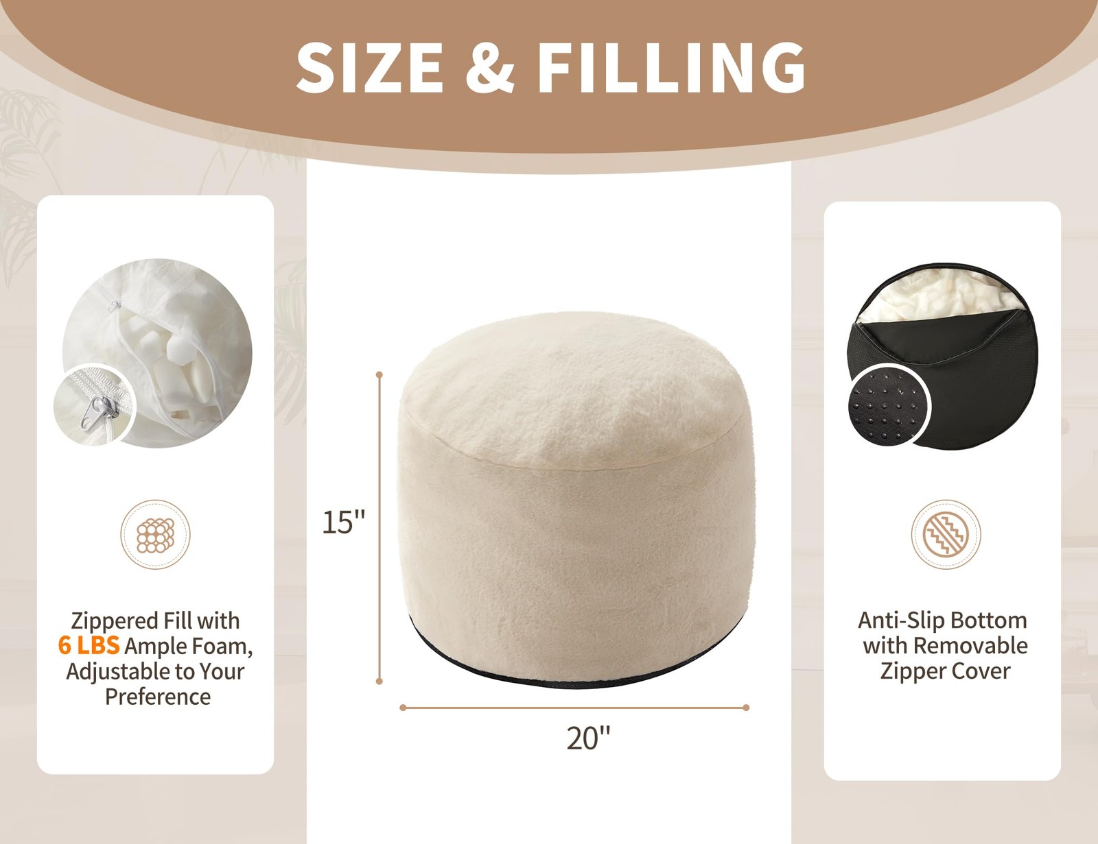 Pouf Ottoman Foot Rest 20″x15″ Footstools and 20″D x 20″W x 15″H, Beige