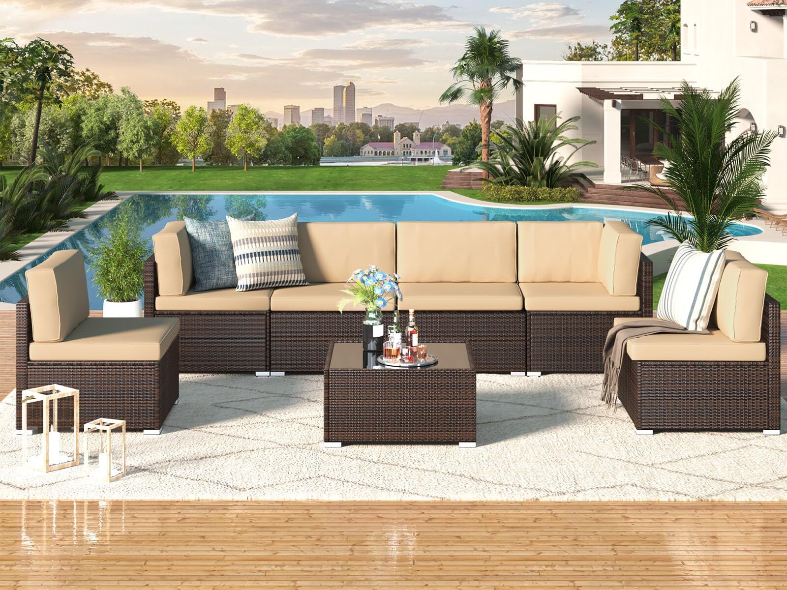 7 Piece PE Rattan Patio Set Outdoor Wicker Sectional Sofa w/ Tea Table Cushions
