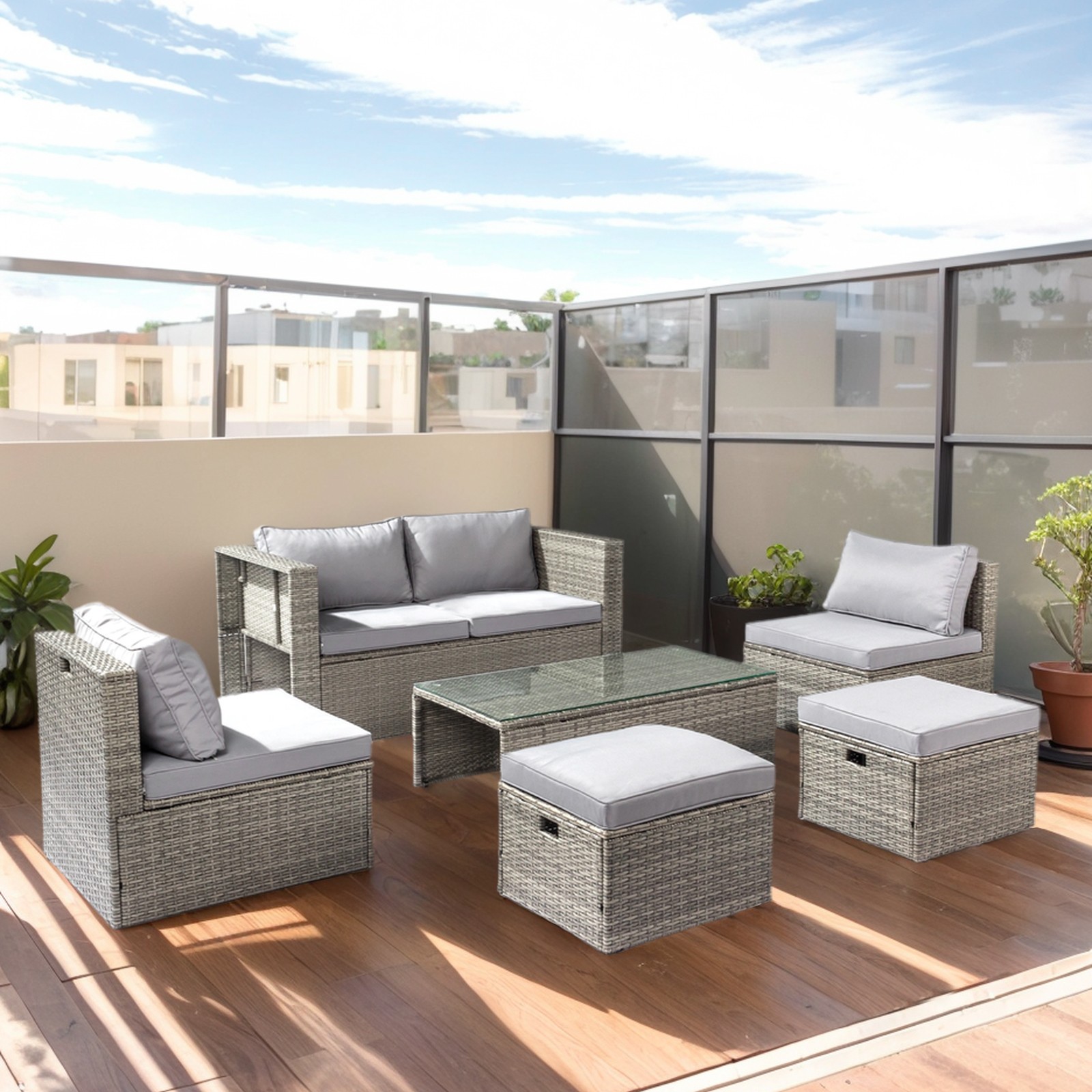 6 Piece Outdoor Patio Rattan Sectional Furniture Chair Set with Table, Footstool