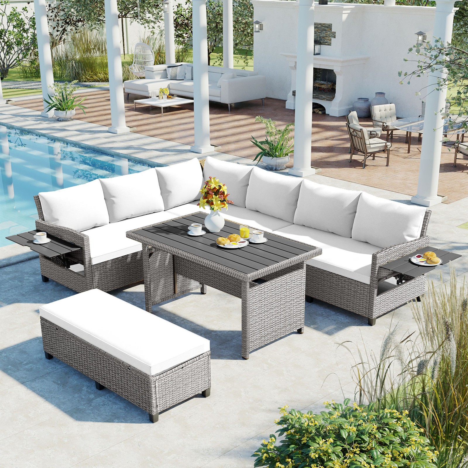 5-Piece Outdoor Patio Rattan Sofa Set, L-Shaped PE Wicker Sectional