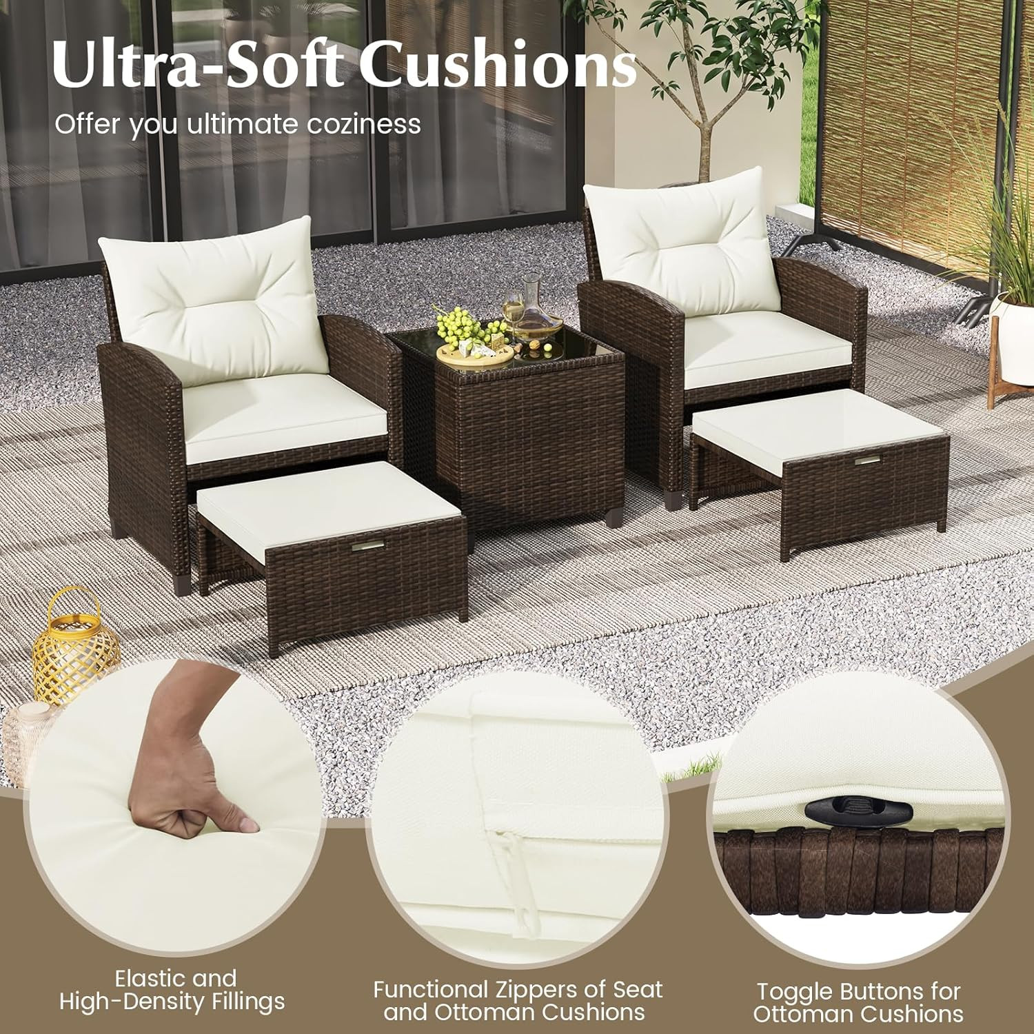 5 Pieces Patio Conversation Set, PE Wicker Outdoor Furniture Set with 2 Chairs,