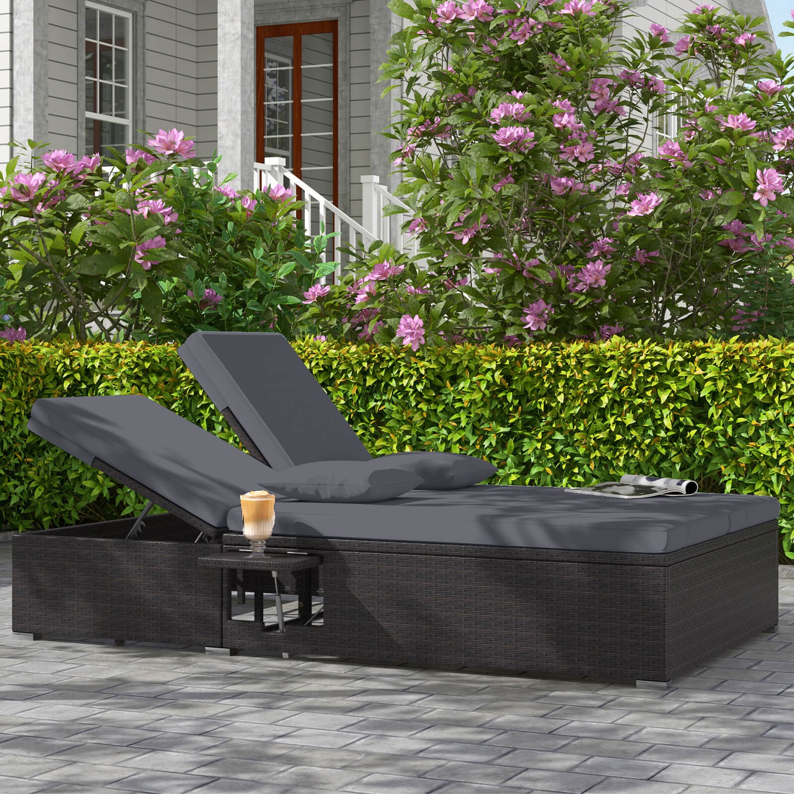 Outdoor Patio Daybed PE Wicker Double Chaise Lounge with Adjustable Backrests