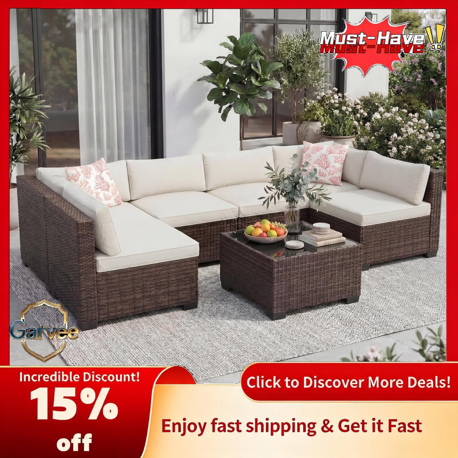 Wicker Modular Sofa Set 7-Piece Outdoor Coffee Table & Thick Washable Cushions