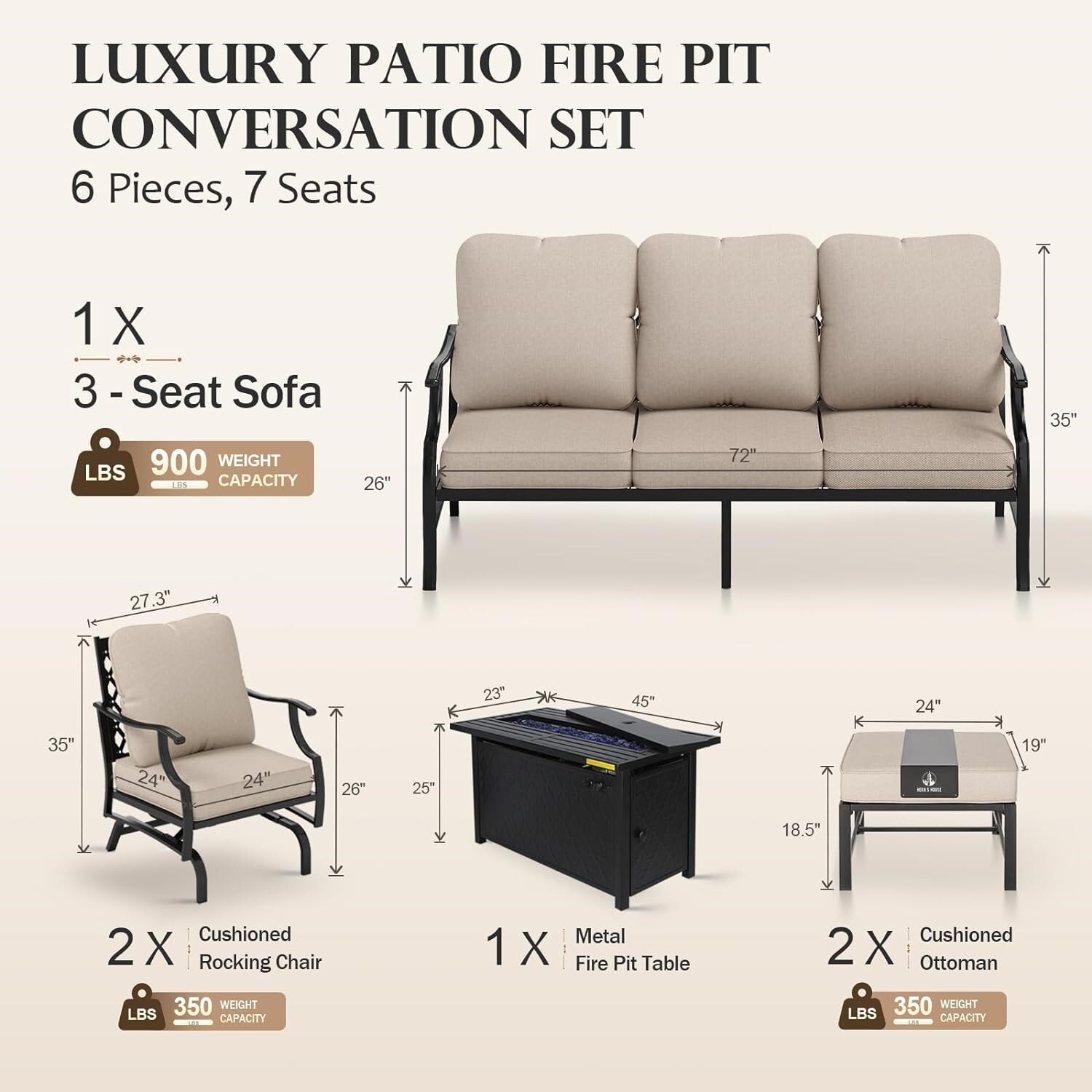 Home Patio Furniture Sets with Fire Pit Table Outdoor Conversation Sofa Sets