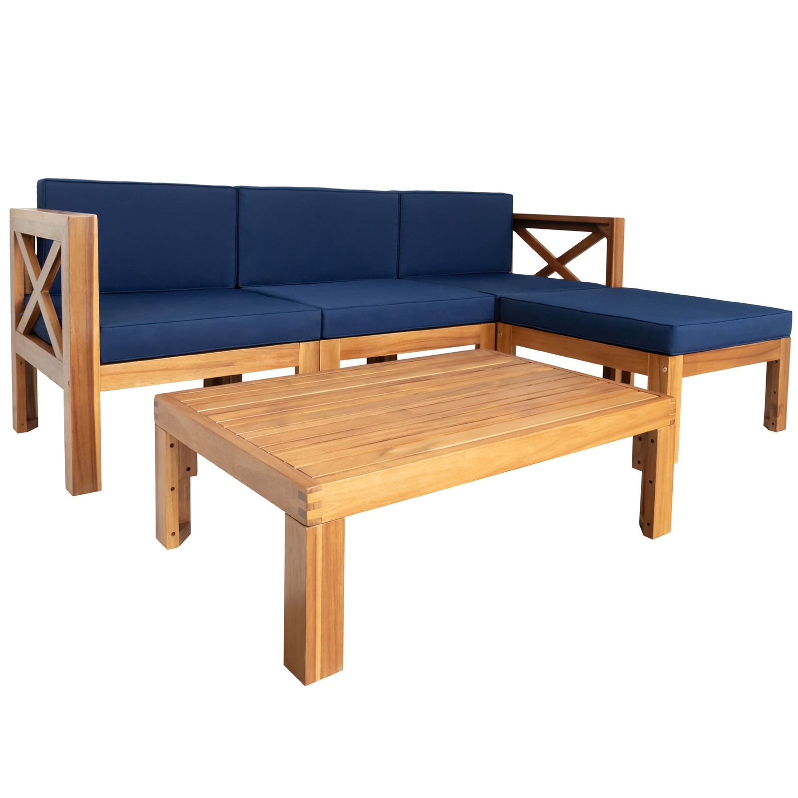 5-Piece Acacia Wood Patio Sectional Sofa Set with Blue Cushions – Natural Finish