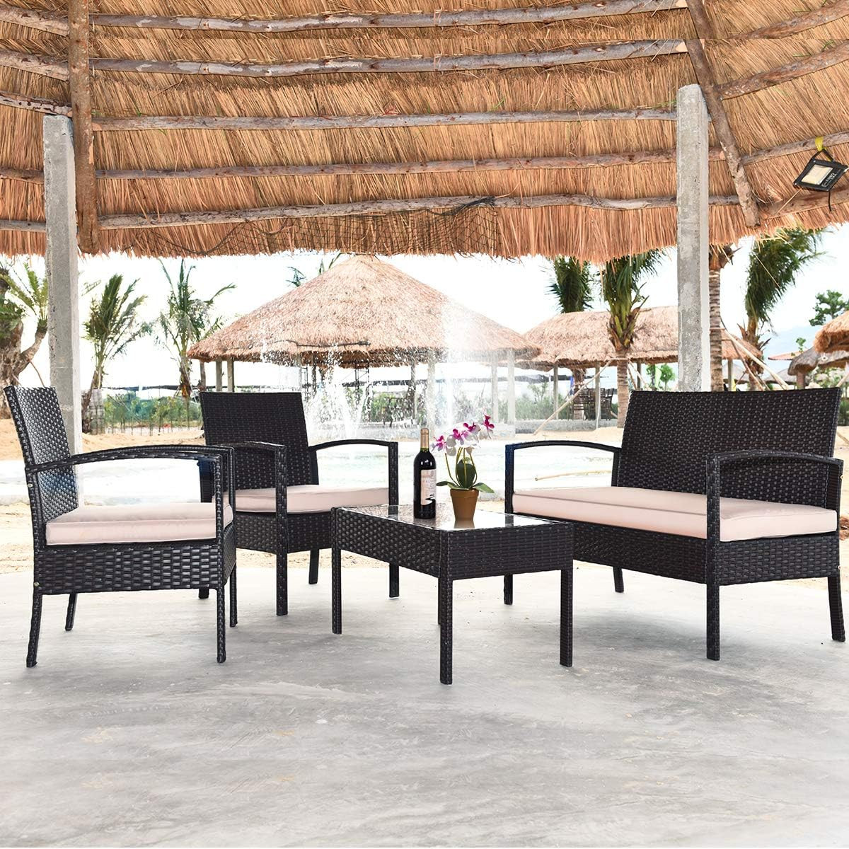 4 Pieces Patio Furniture Set, Wicker Conversation Set with Water-Resistant Cushi