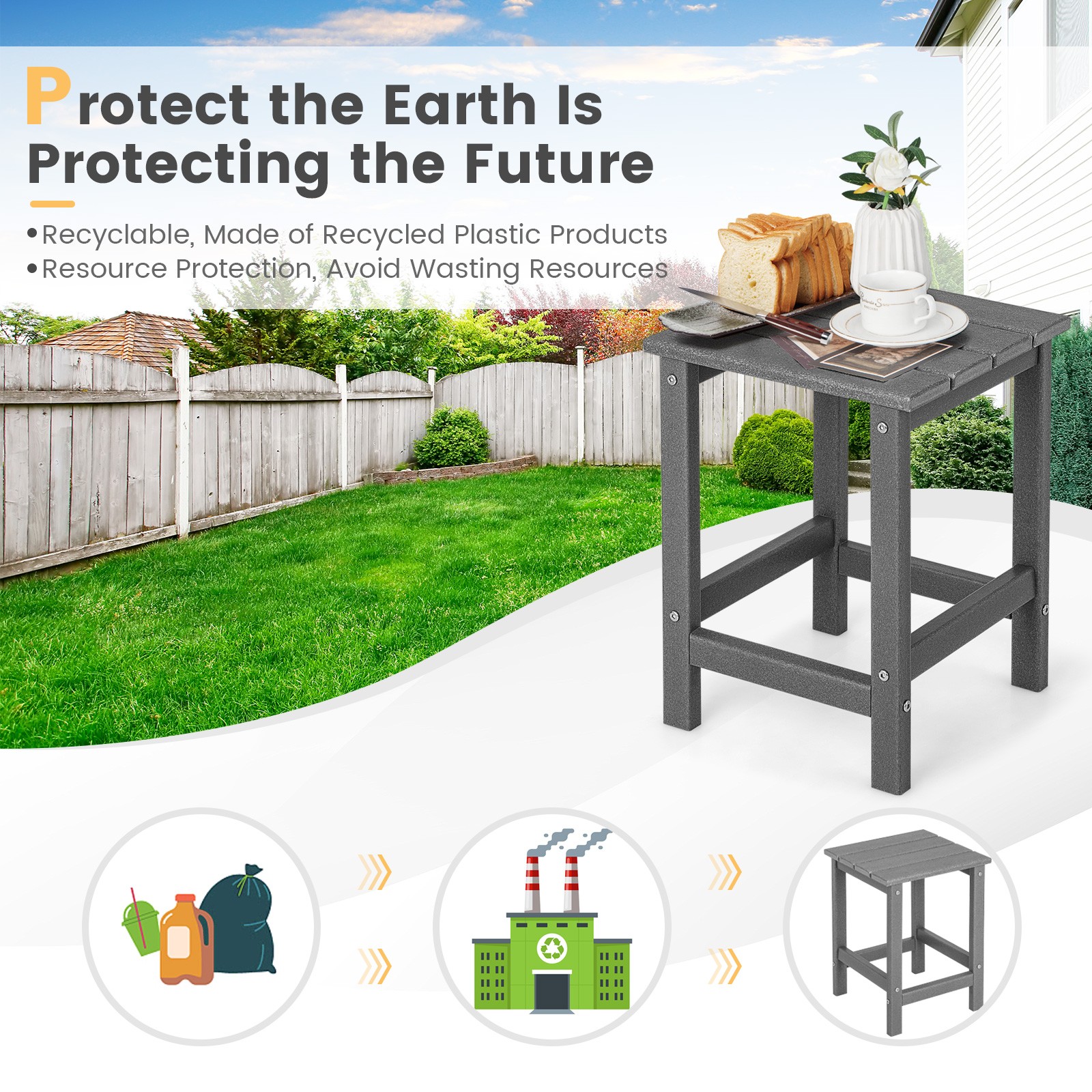 14″ Patio Adirondack Side End Table HDPE Square Weather Resistant Garden Grey