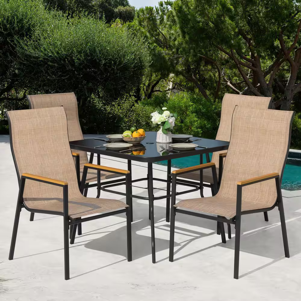 Black 5-Piece Textilene,Tempered Glass and Faux Wood Square Outdoor Dining Set w