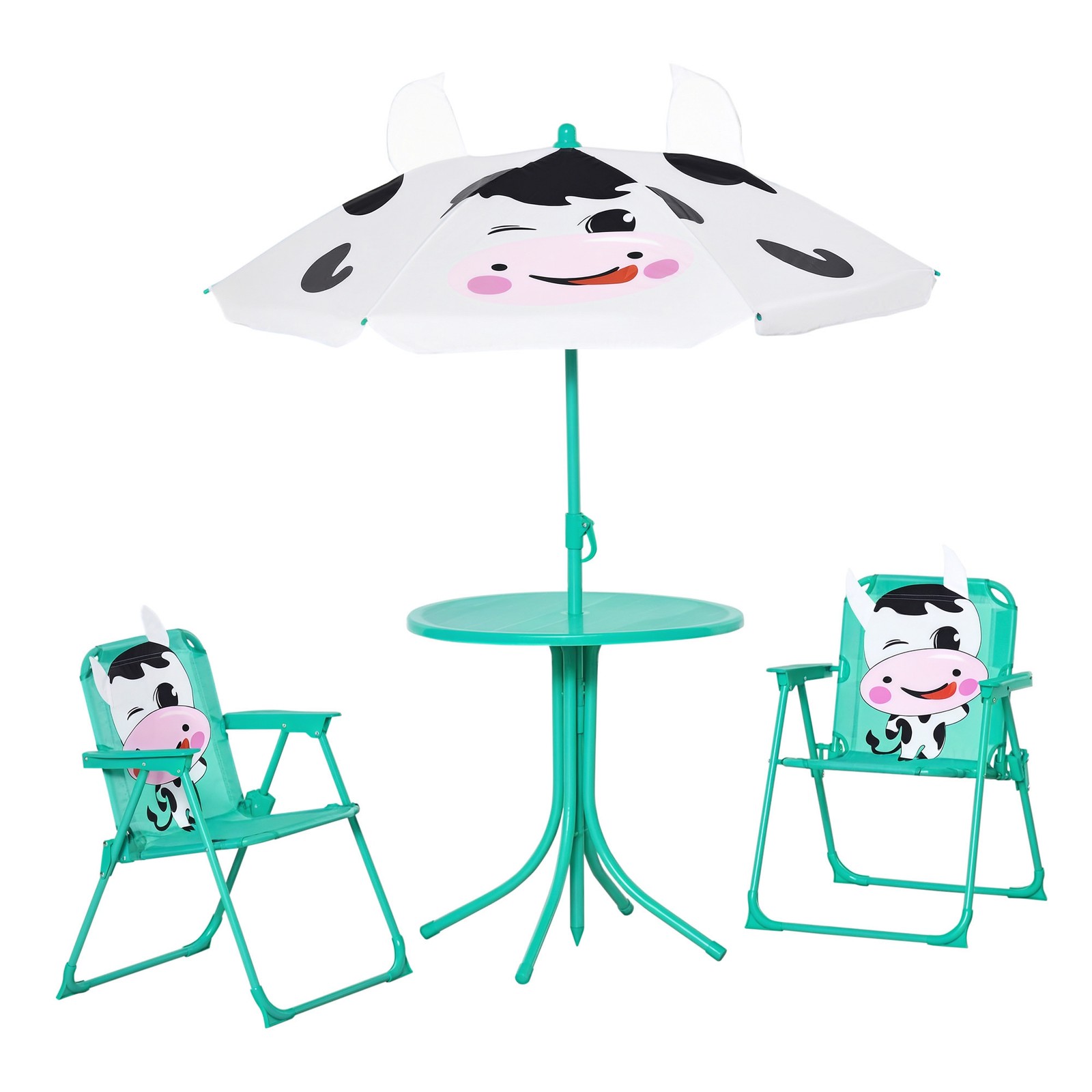Kids Folding Picnic Table and Chair Set, W/ Adjustable Umbrella, White
