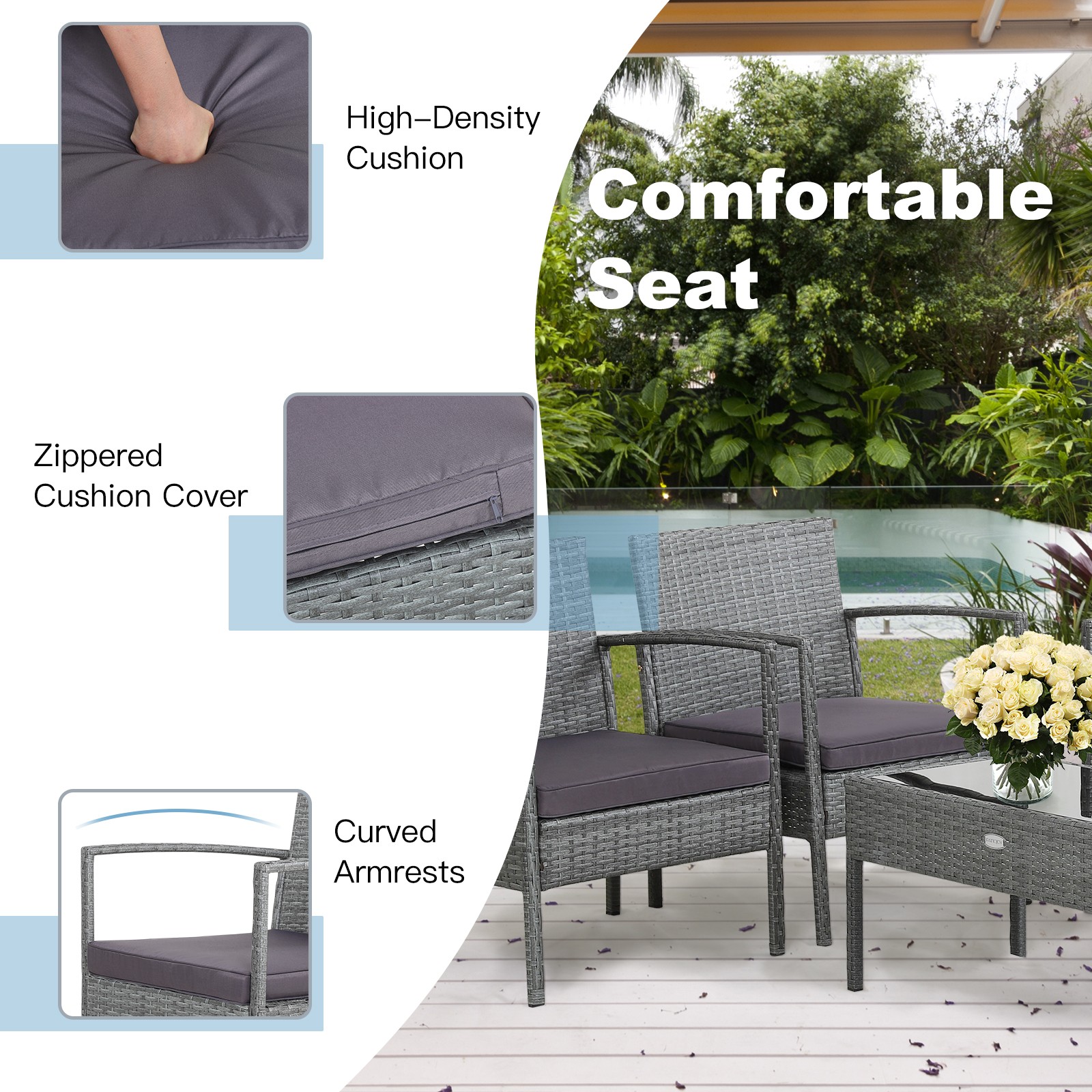 4 PCS Outdoor Rattan Furniture Set Patio Conversation Sofa Set Cushioned Grey