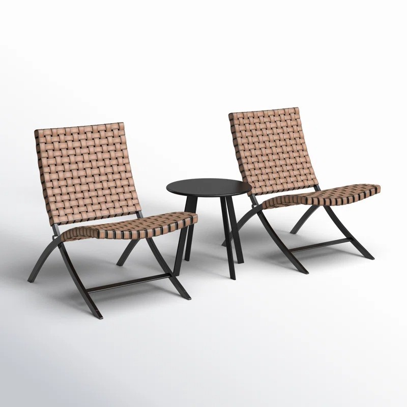 3 Piece Wicker Outdoor Bistro Set Folding Chairs Table Steel Frame Patio Weather