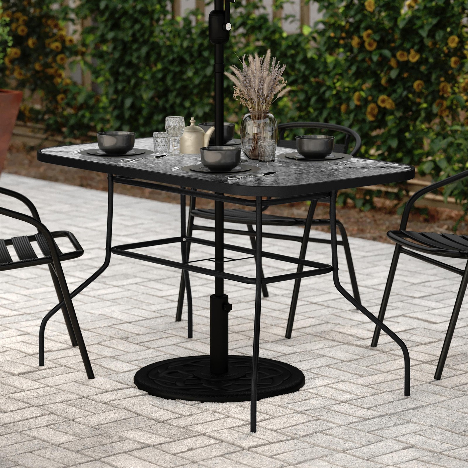 Commercial 47.25×27.5 Tempered Glass and Steel Patio Table – Umbrella Hole-Black