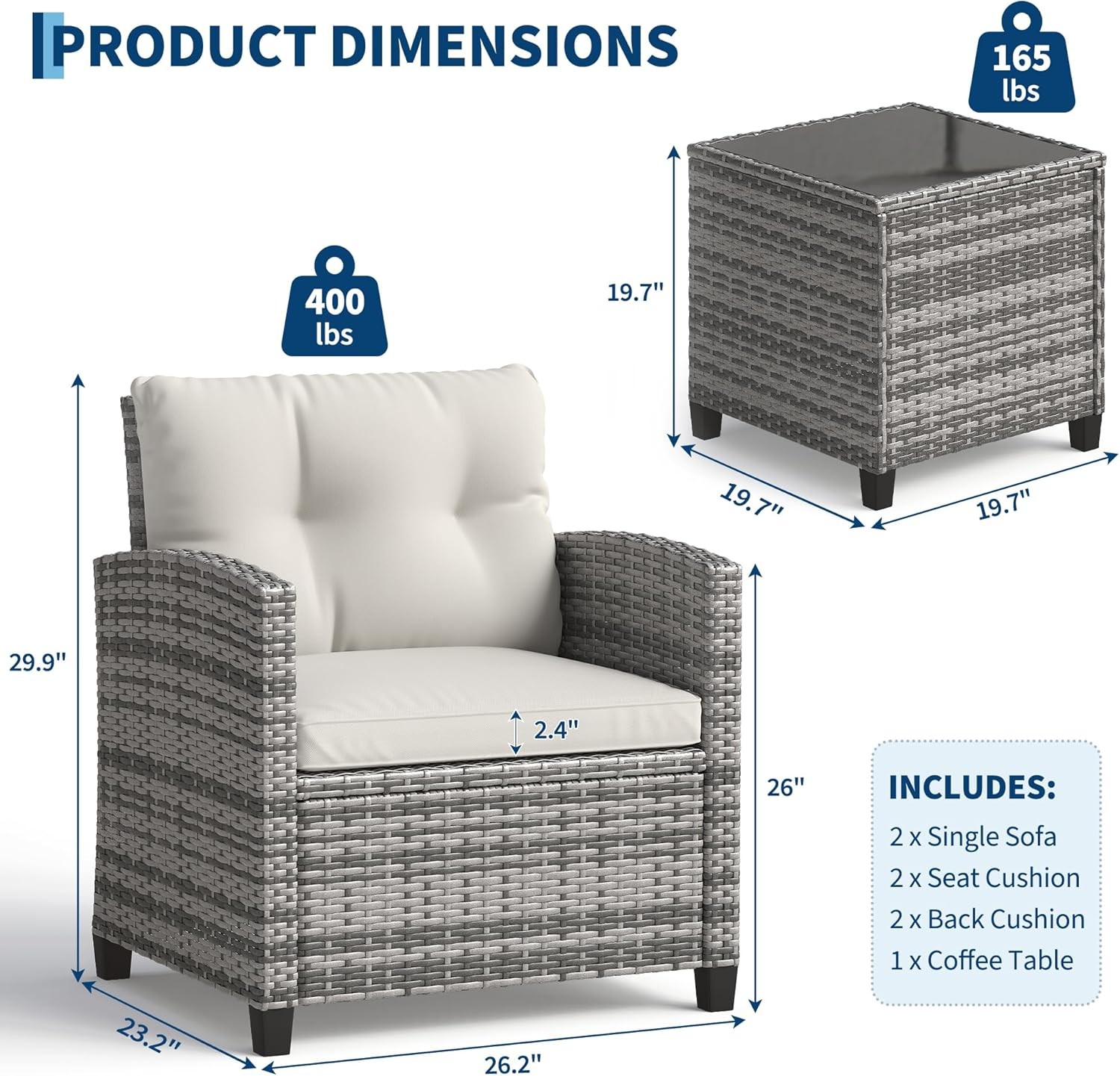 3PCS Outdoor Patio Rattan Furniture Set Lawn Deck Cushioned Sofa w/ Coffee Table