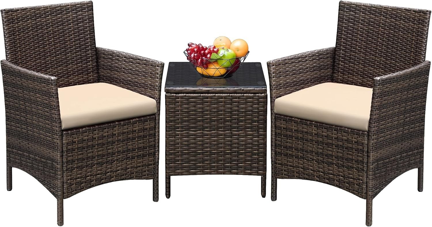 s Patio Furniture Sets Outdoor PE Rattan Wicker Chairs Brown and Beige 3 Piece