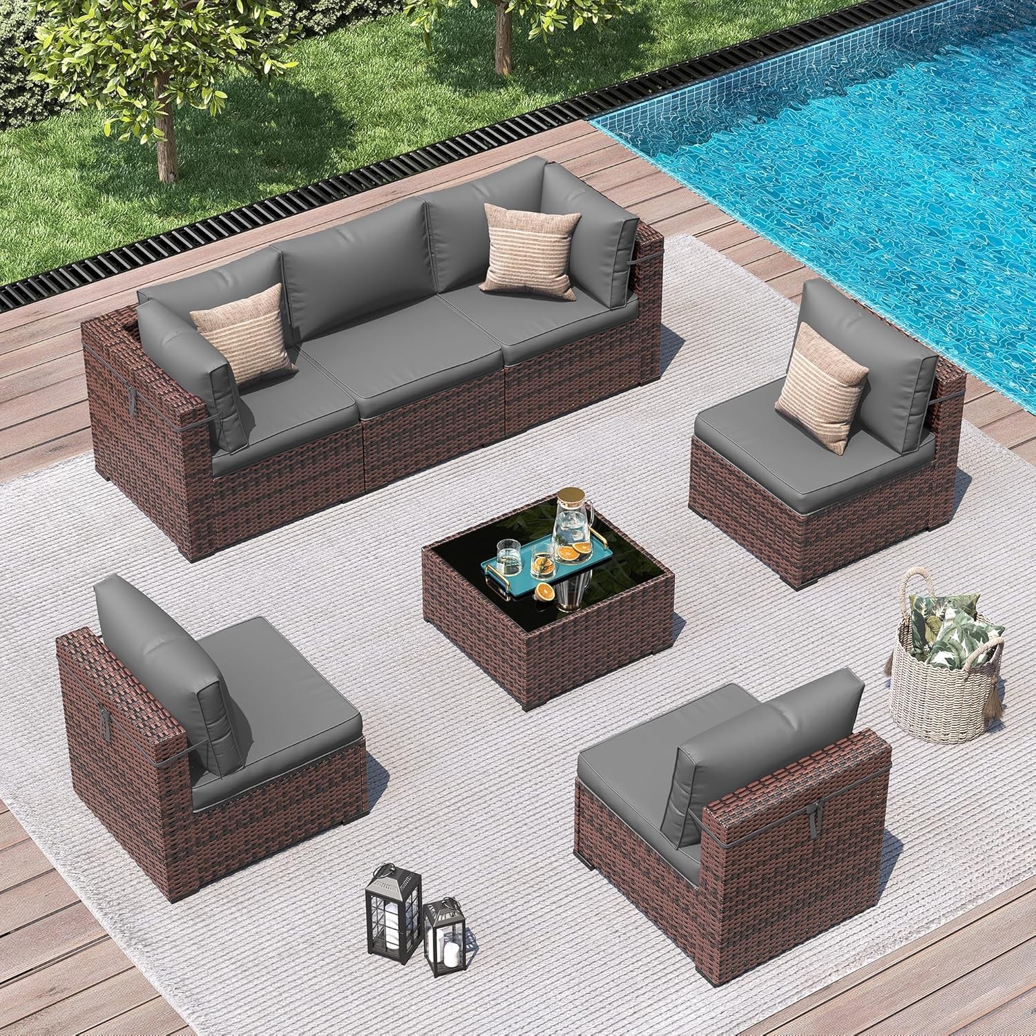 Patio Furniture Sets with Waterproof Cover, 7 Pieces Outdoor Rattan Sectional So