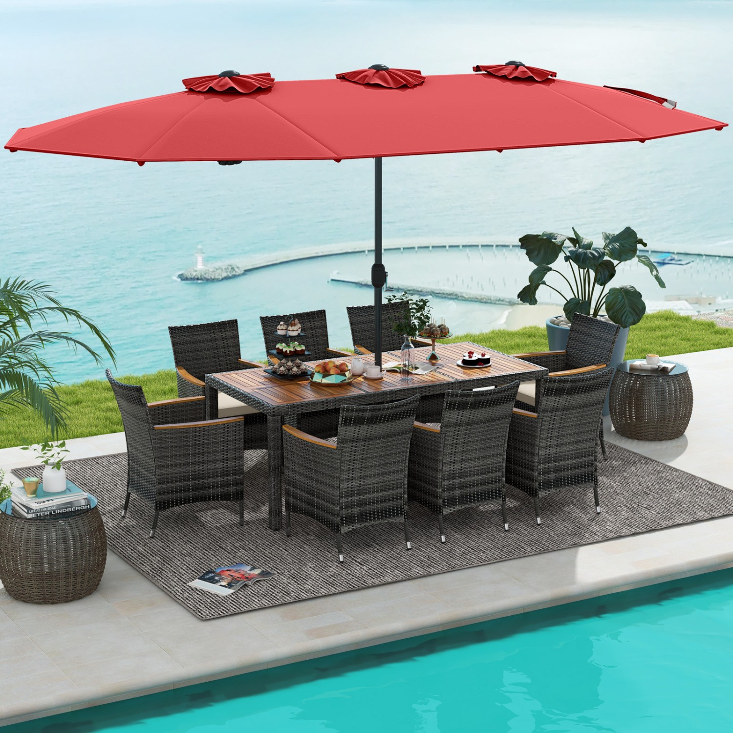 10Pcs Patio Wicker Dining Set 15Ft Double-Sided Umbrella Table Red