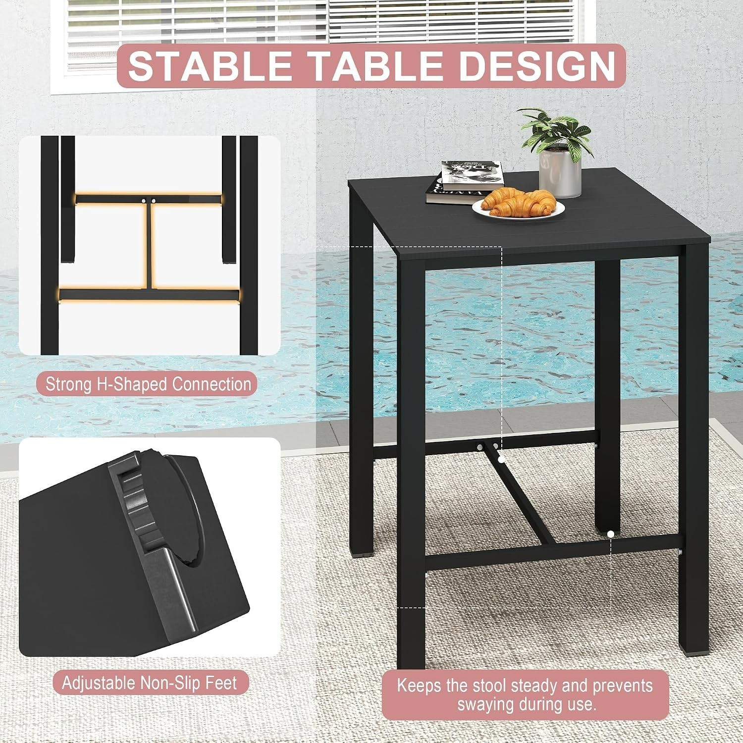 Domi 3Pcs HDPE Adirondack Patio Bar Set(1Table+2Chair)for Balcony,Backyard,Black
