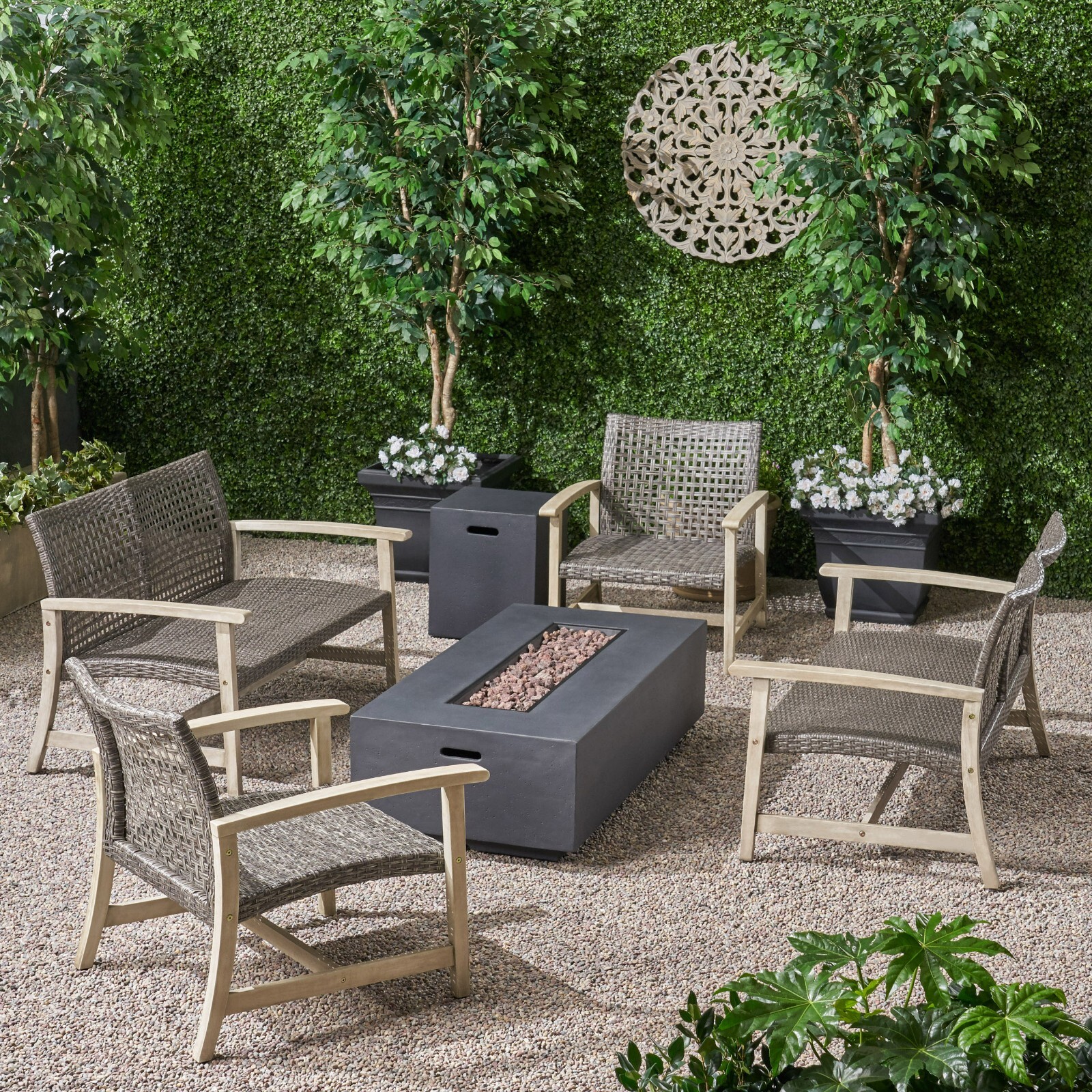 Augusta Outdoor 6 Piece Wood and Wicker Chat Set with Fire Pit