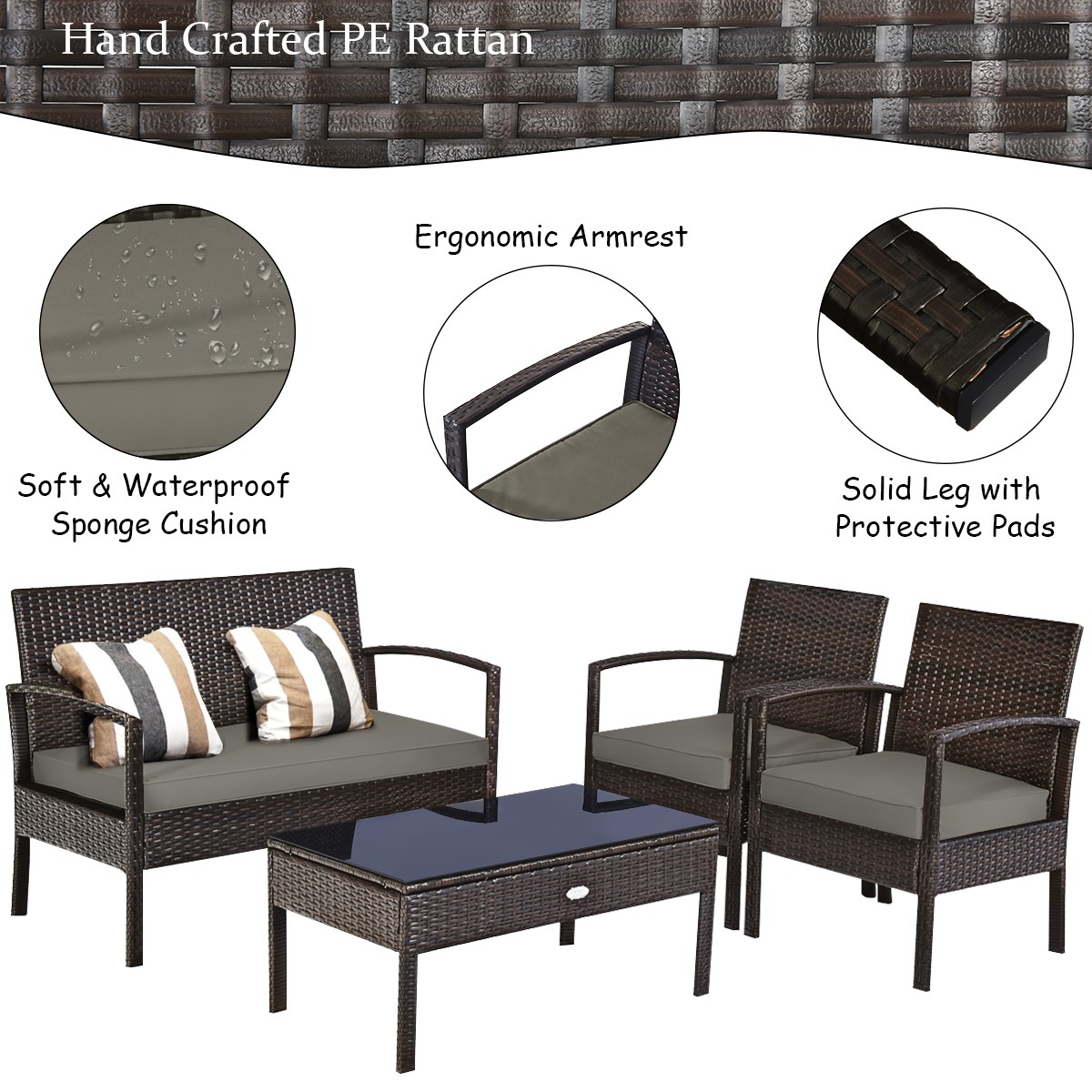 8PCS Outdoor Patio Rattan Furniture Set Cushioned Sofa Coffee Table Steel Frame