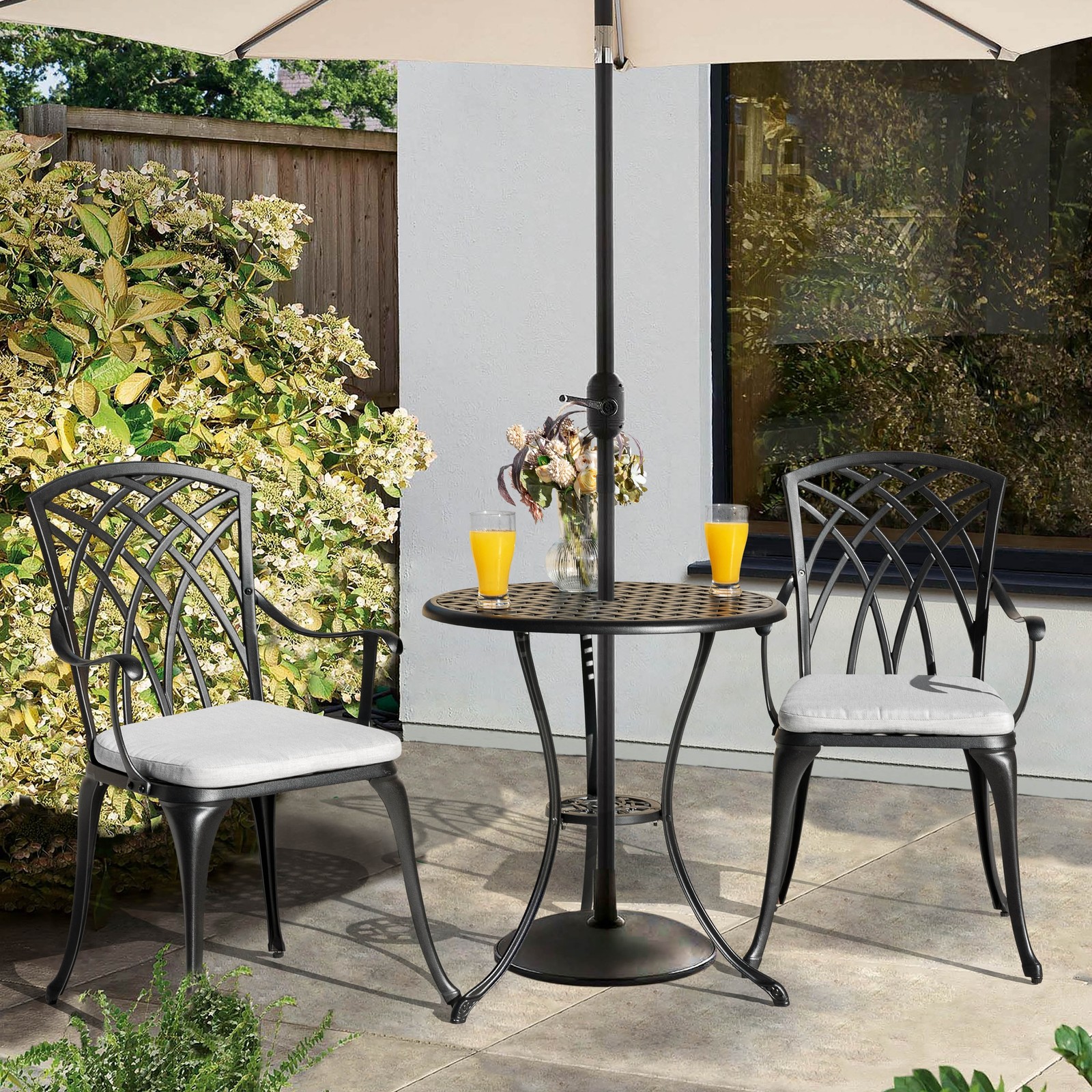 Nuu Garden 24 Inch Cast Aluminum Bistro Table and 2 Bistro Chairs with Grey – 24