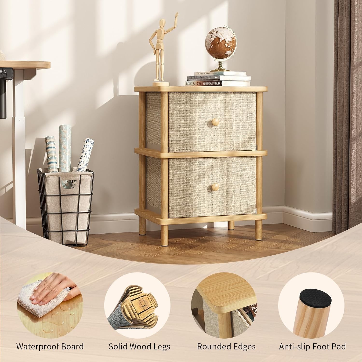 Nightstand with 2 Stora Ders, Boho Side Table with Solid