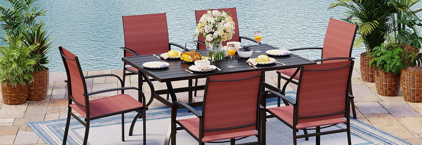 7 Piece Patio Furniture Set Outdoor Dining Set Rectangle Table w/ Umbrella Hole