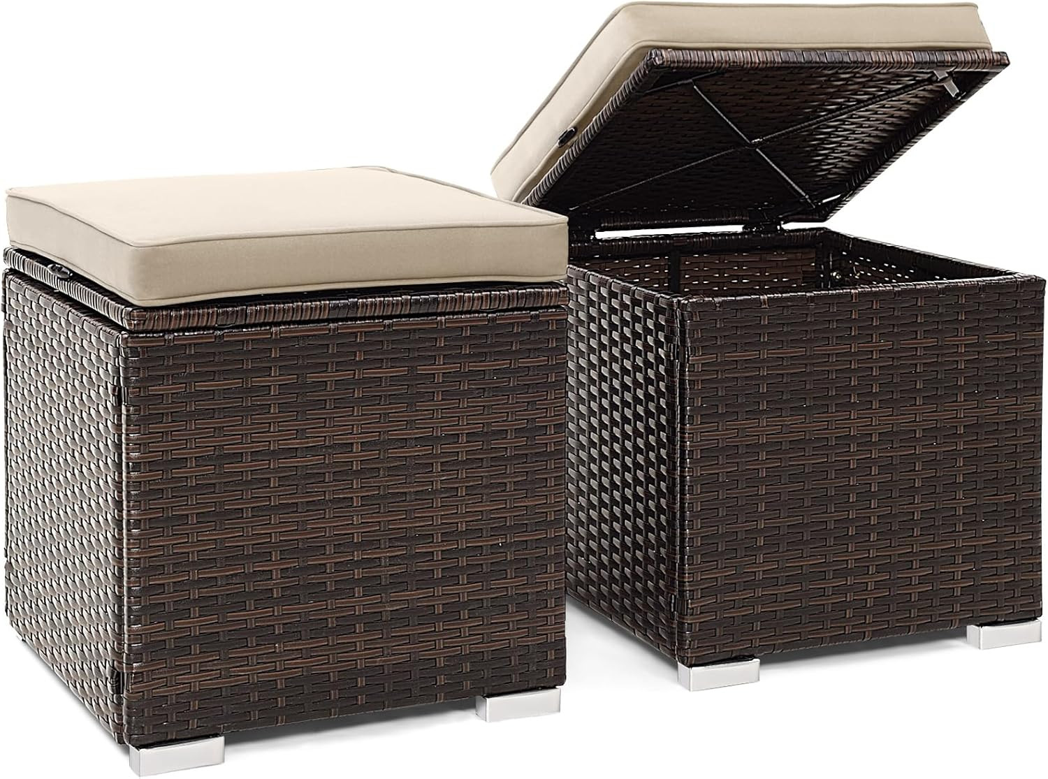 2 Pieces Patio Ottomans, Patiojoy Hand-Woven PE Rattan Side Table with Removable