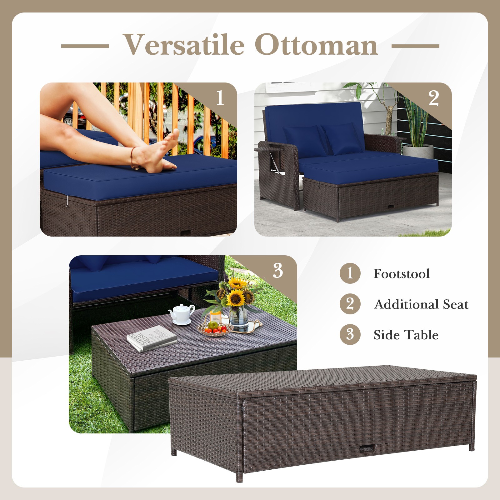 Outdoor Rattan Loveseat Set Daybed Lounge Storage Ottoman Side Tables Adjustable