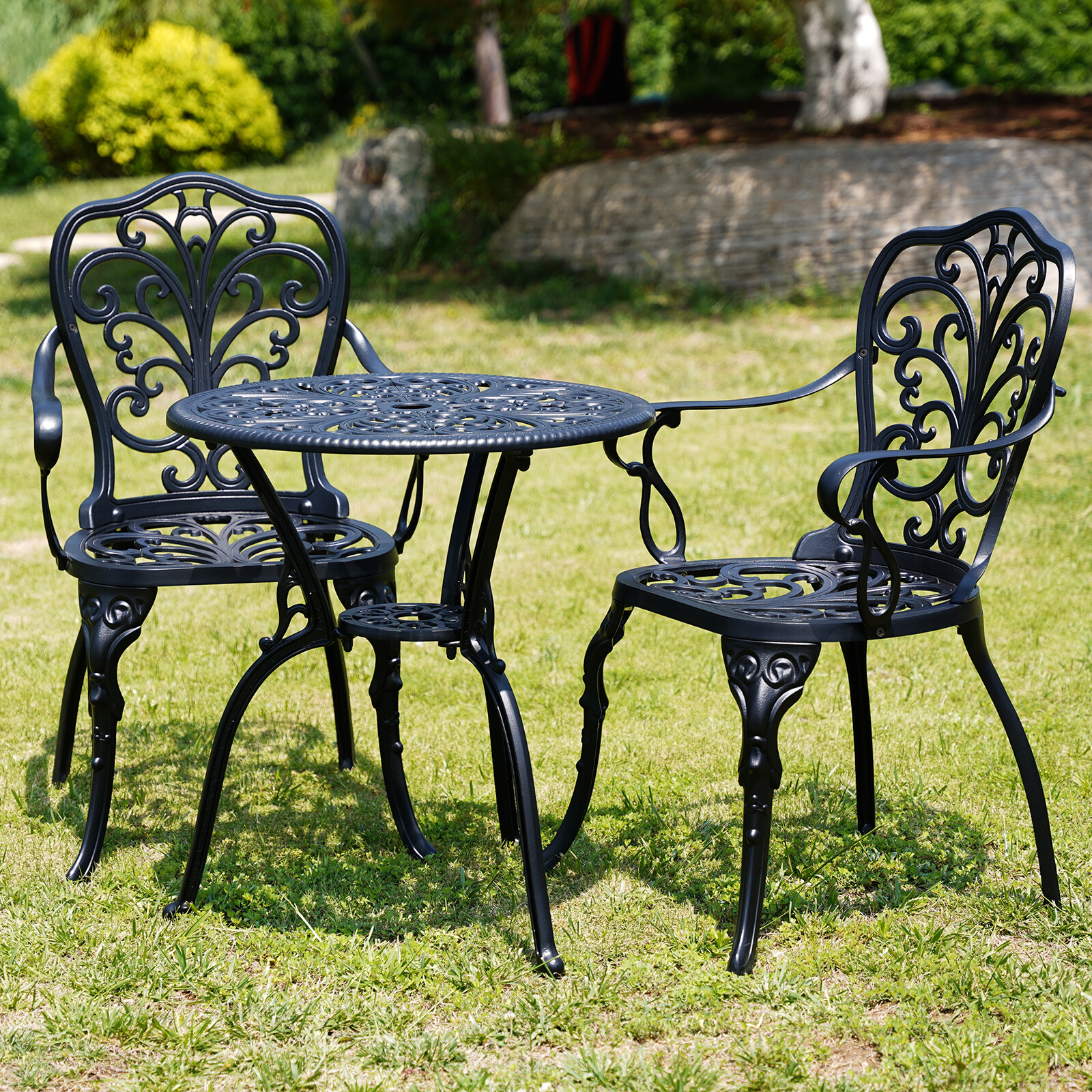 Bistro Set 3Piece Outdoor Cast Aluminum Bistro Set with Arms for Front Porch Set