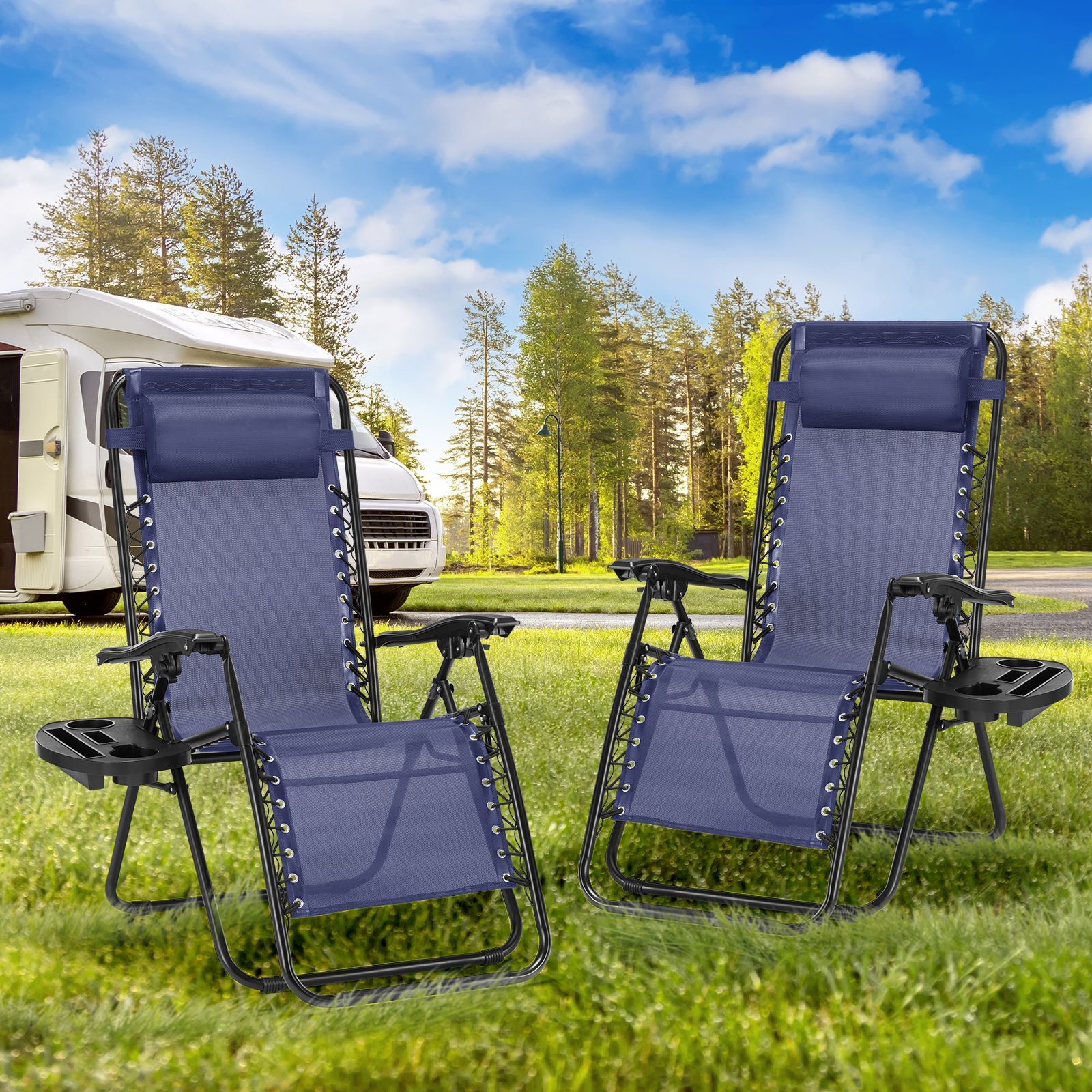 Portable Zero Gravity Lounge Chairs 2-Set Adjustable Pillow & Cup Holder Trays