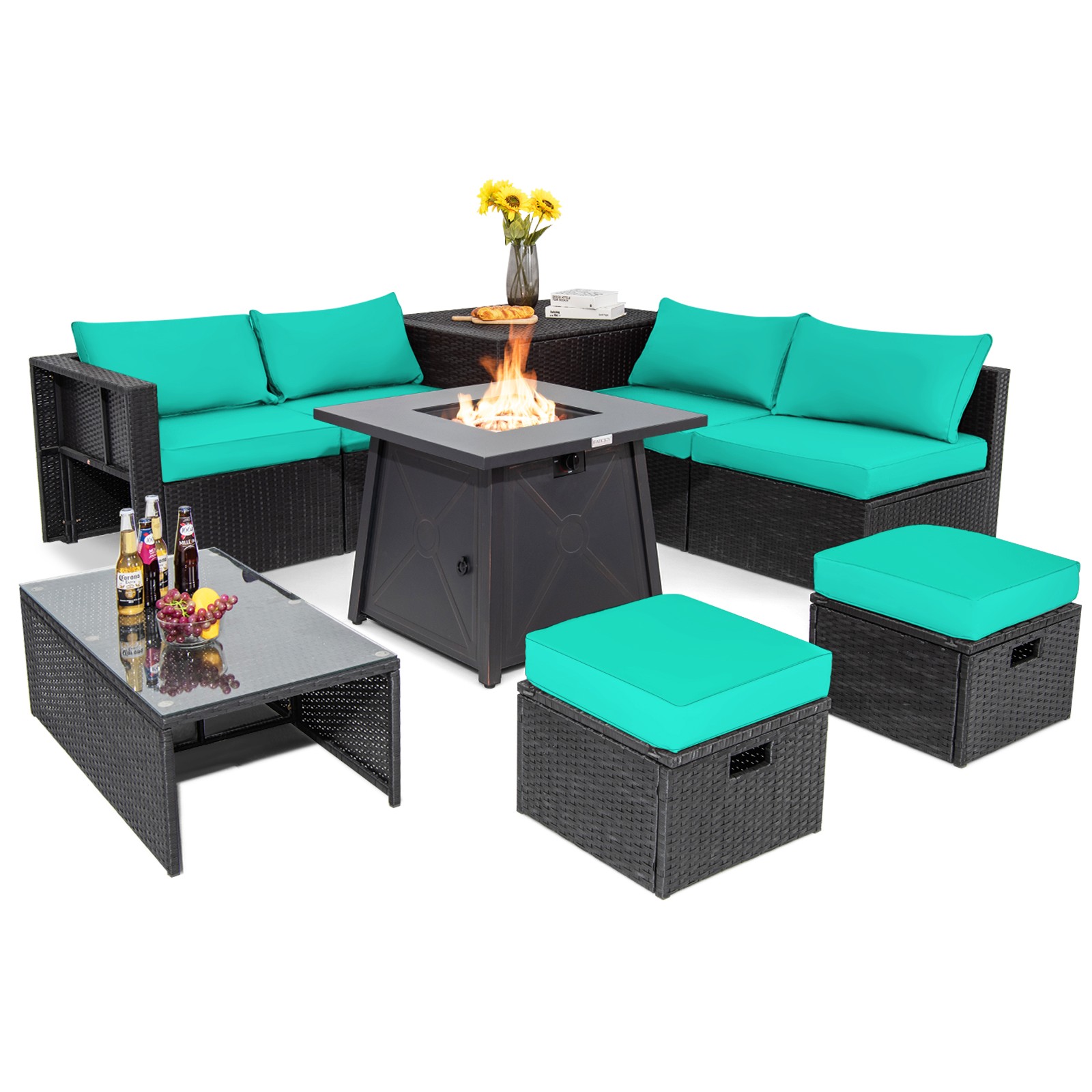 9-Piece Patio Sofa Set w/ Space-Saving Fire Pit Table & Cushions Turquoise