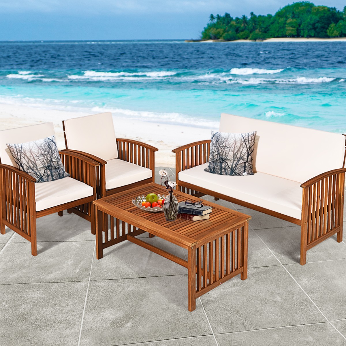 4PCS Patio Solid Wood Home Set Conversation Coffee Table W/Cushion Indoor