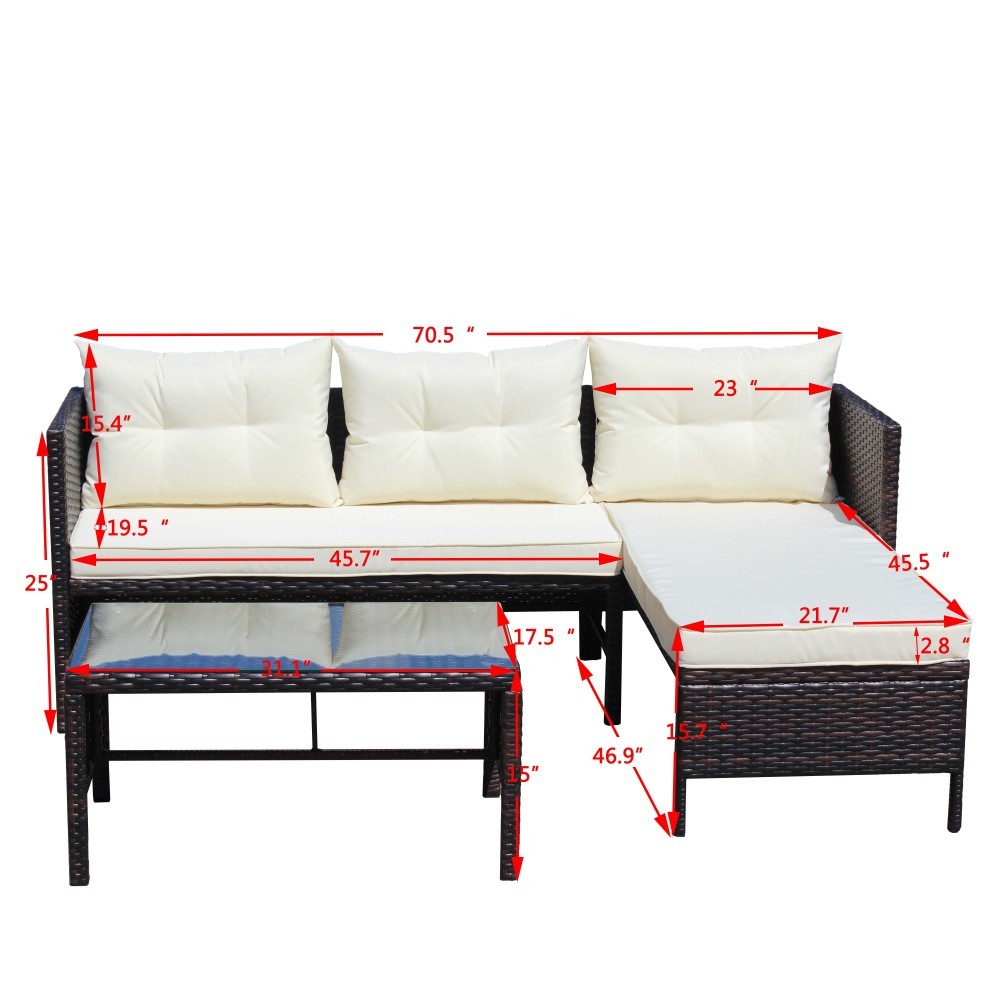 Outdoor 3 Piece Wicker Sectional Sofa Set with Cushions, Beige